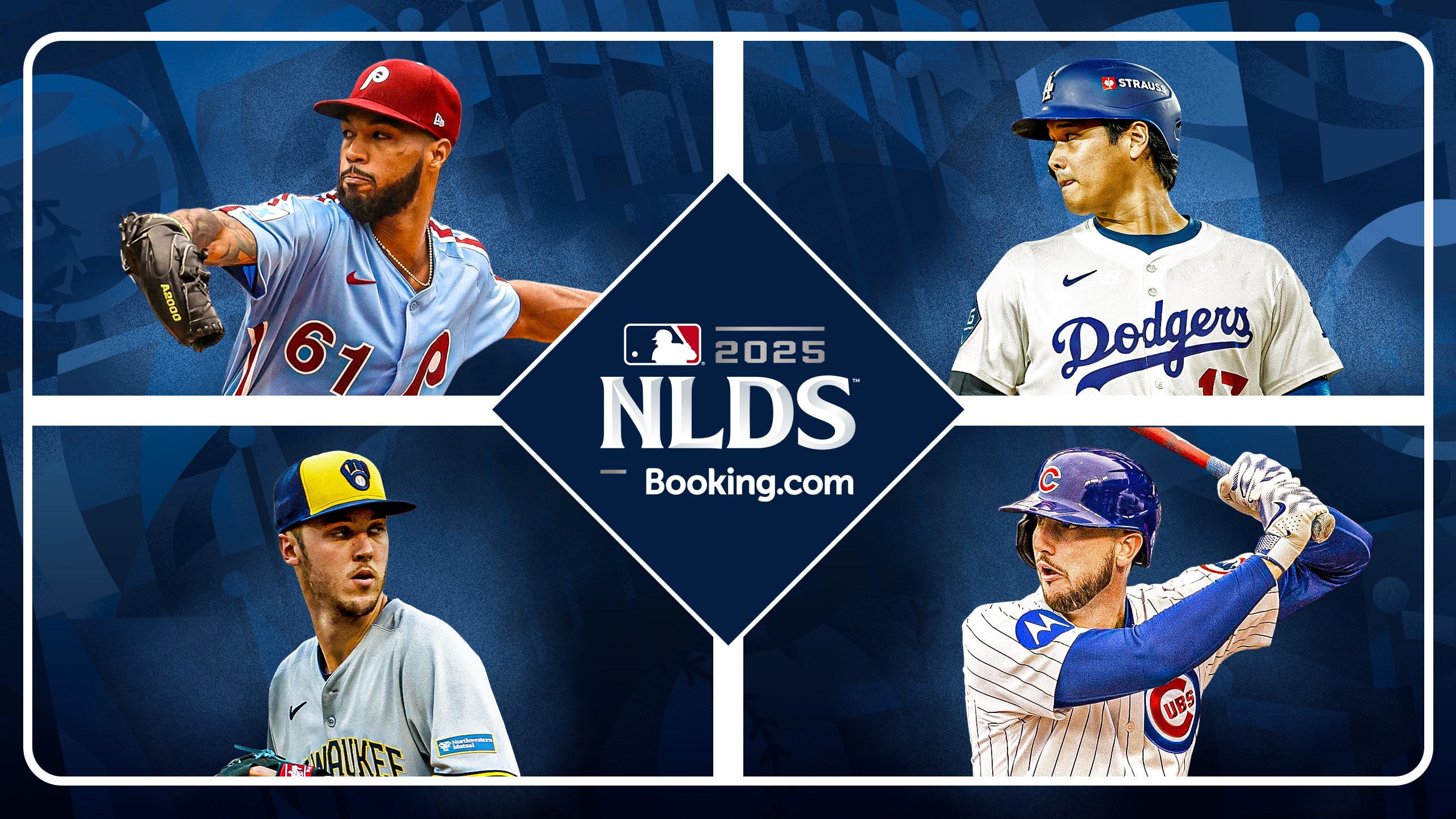 Clockwise: Cristopher Sánchez, Shohei Ohtani, Kyle Tucker and Jacob Misiorowski in NLDS