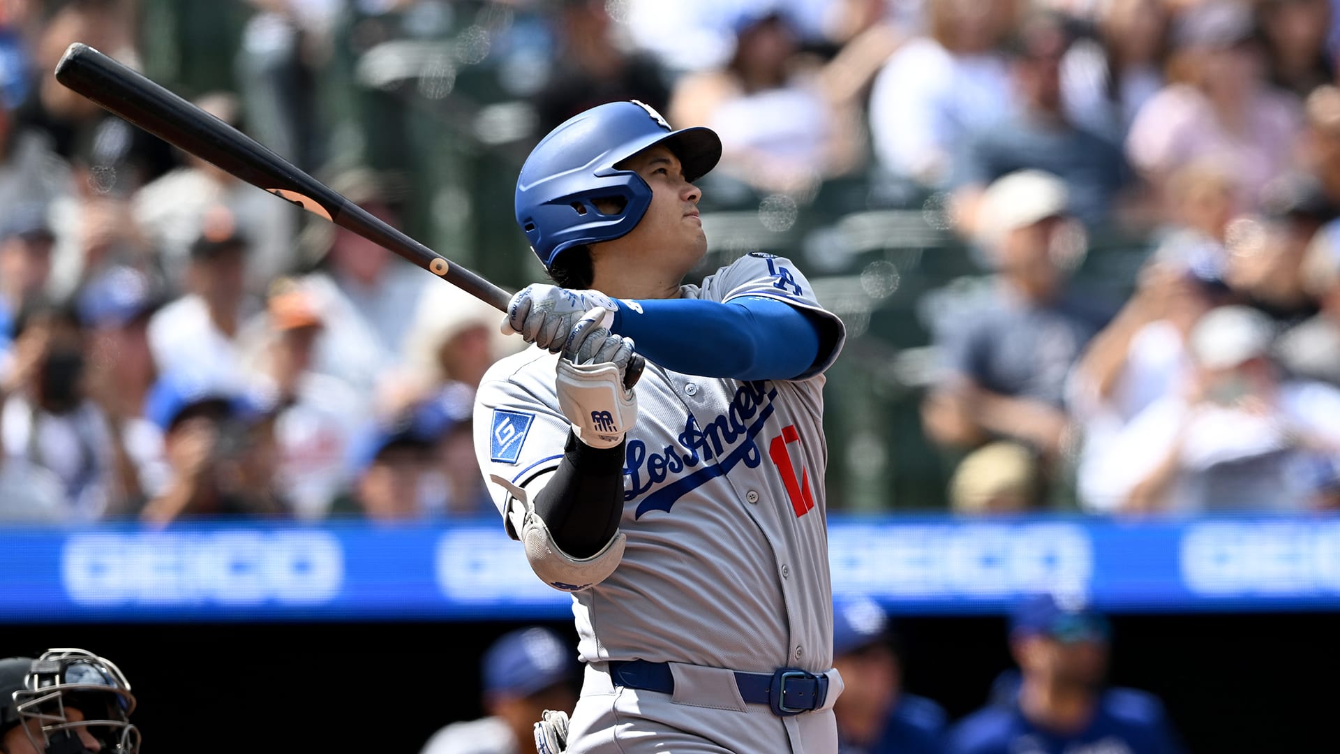 Shohei Ohtani follows through on a home run swing
