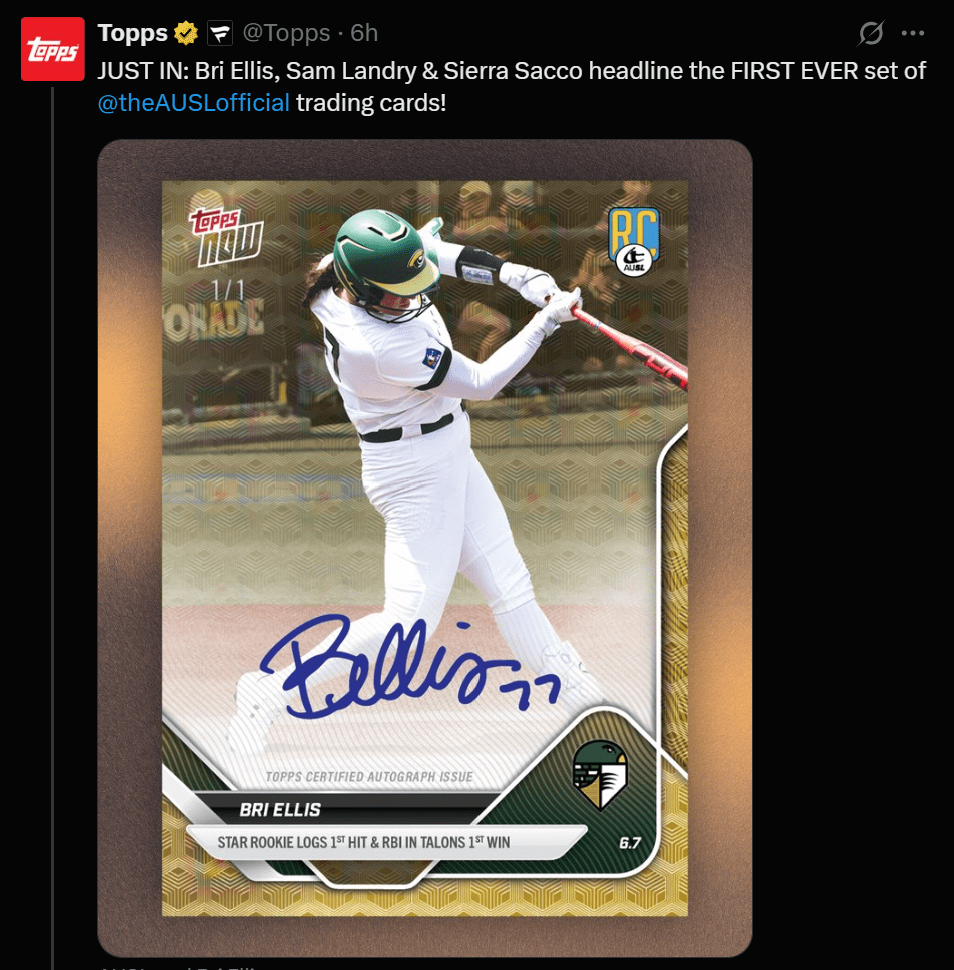 A screenshot of Topps tweet about AUSL trading cards