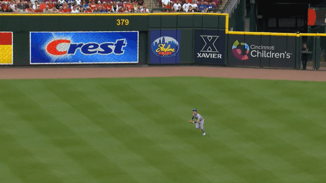 An animated gif of A.J. Ewing making a diving catch