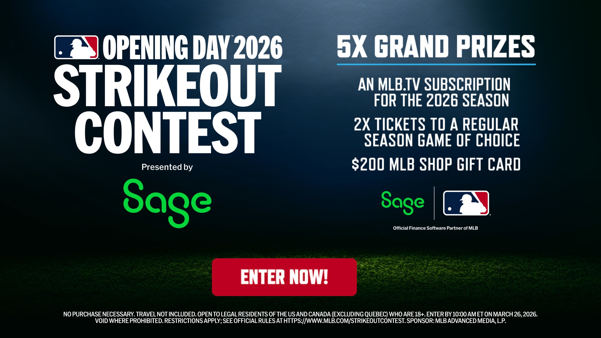 A graphic showing details for the Opening Day Strikeout Contest, presented by Sage