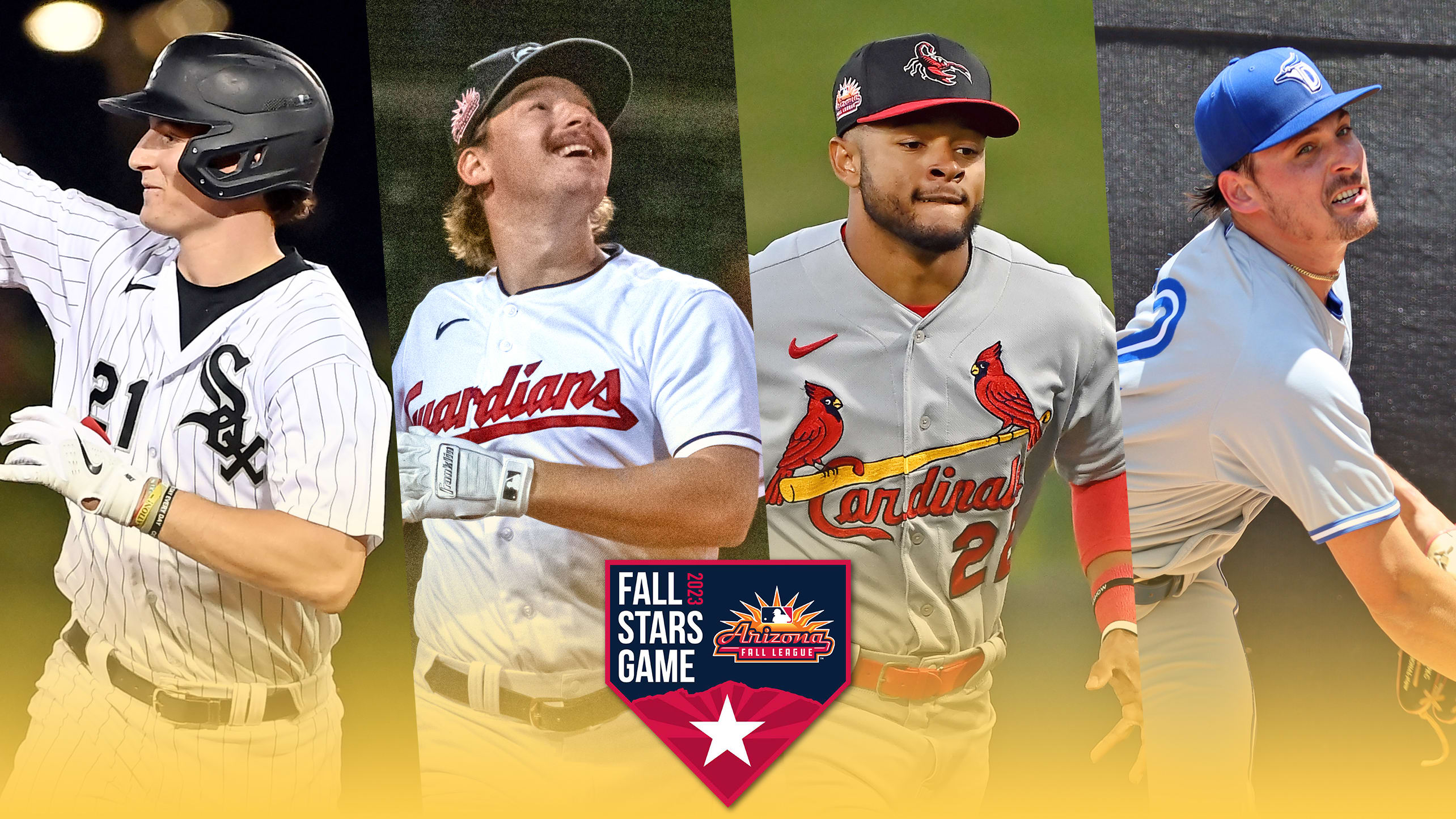 A split photo of Colson Montgomery, Kyle Manzardo, Victor Scott and C.J. Van Eyk