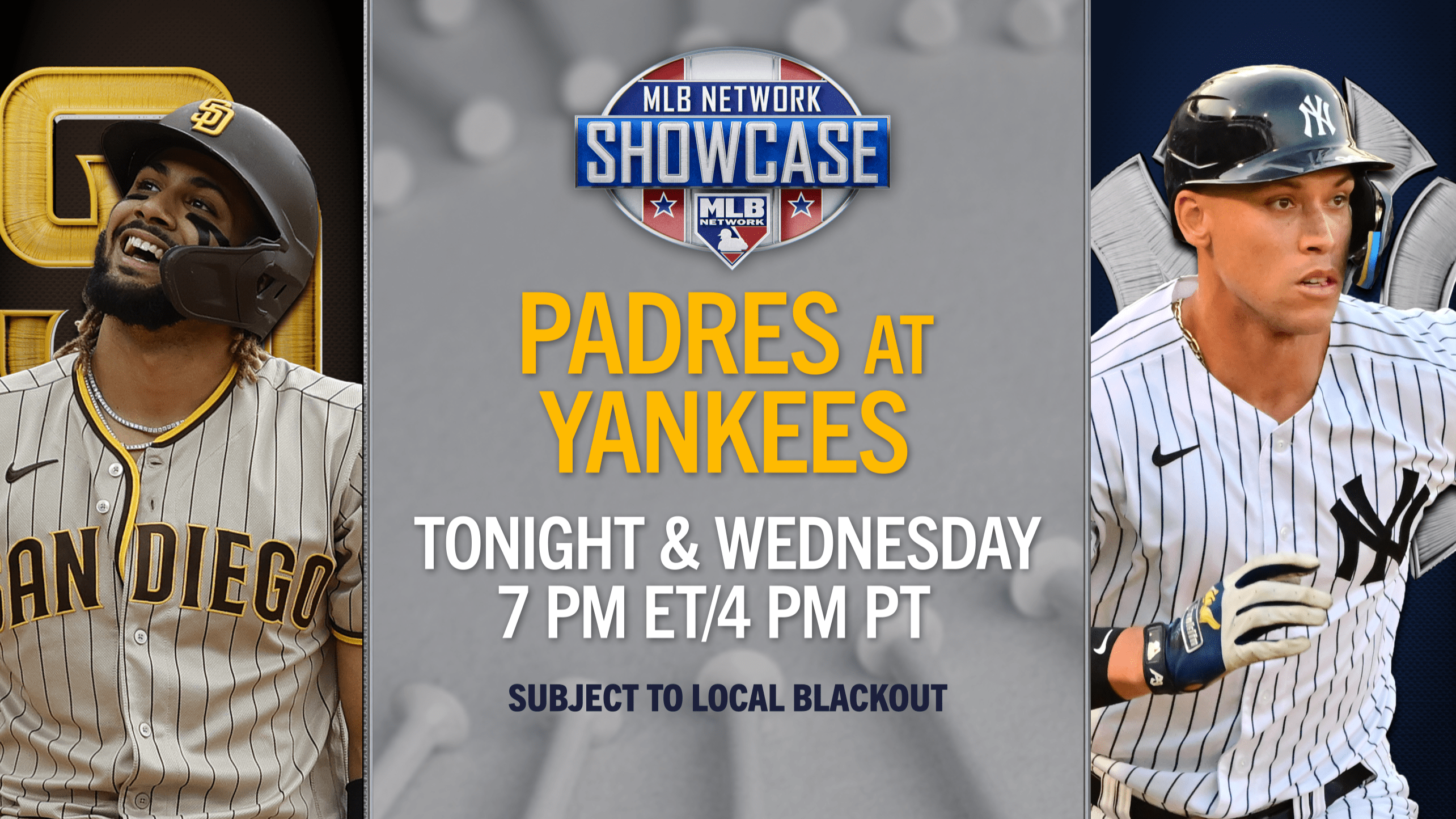 Images of Fernando Tatis Jr. and Aaron Judge with text promoting MLB Network's Padres-Yankees coverage