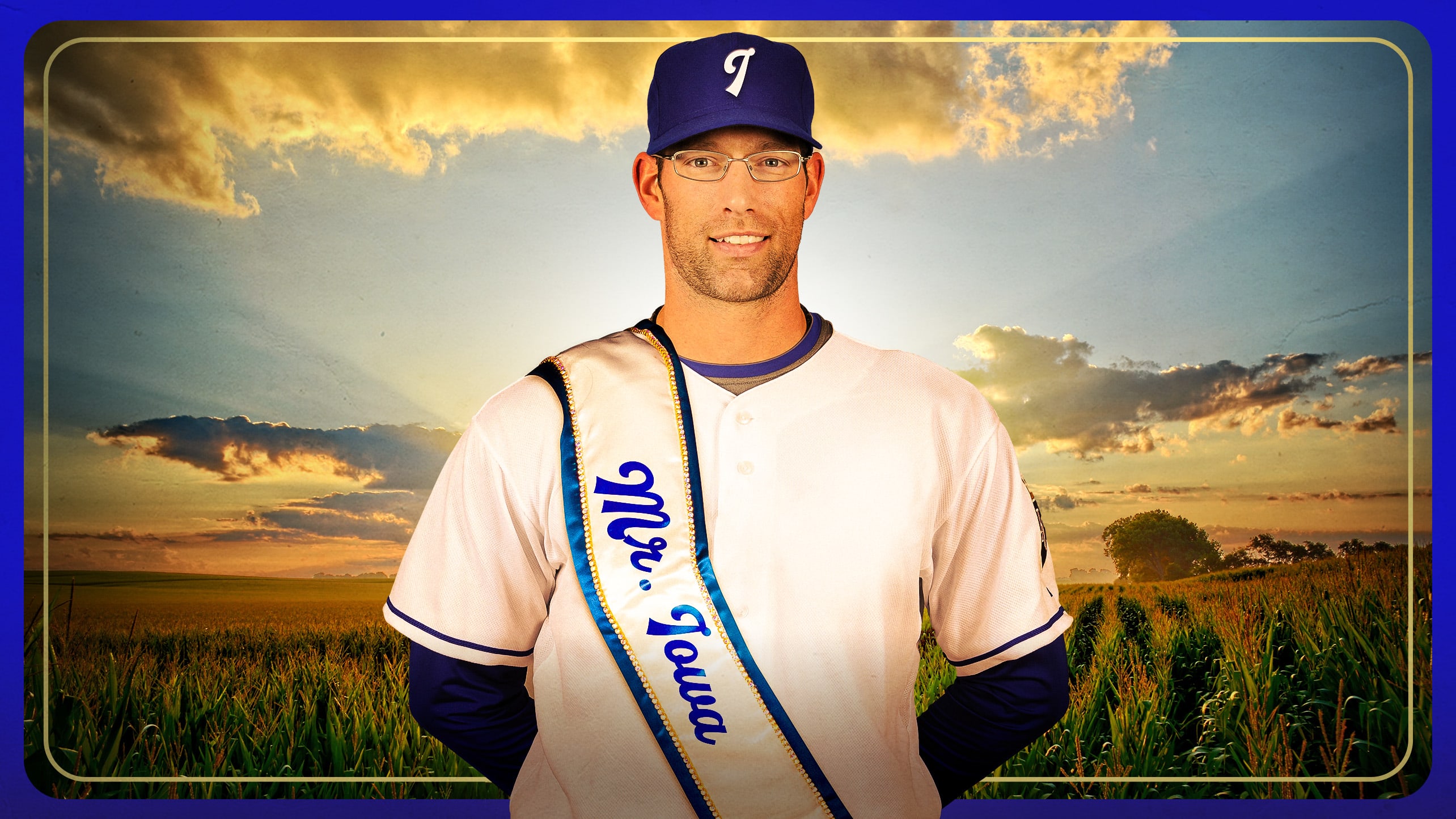 A graphic of Kyle Farnsworth wearing a 'Mr. Iowa' sash