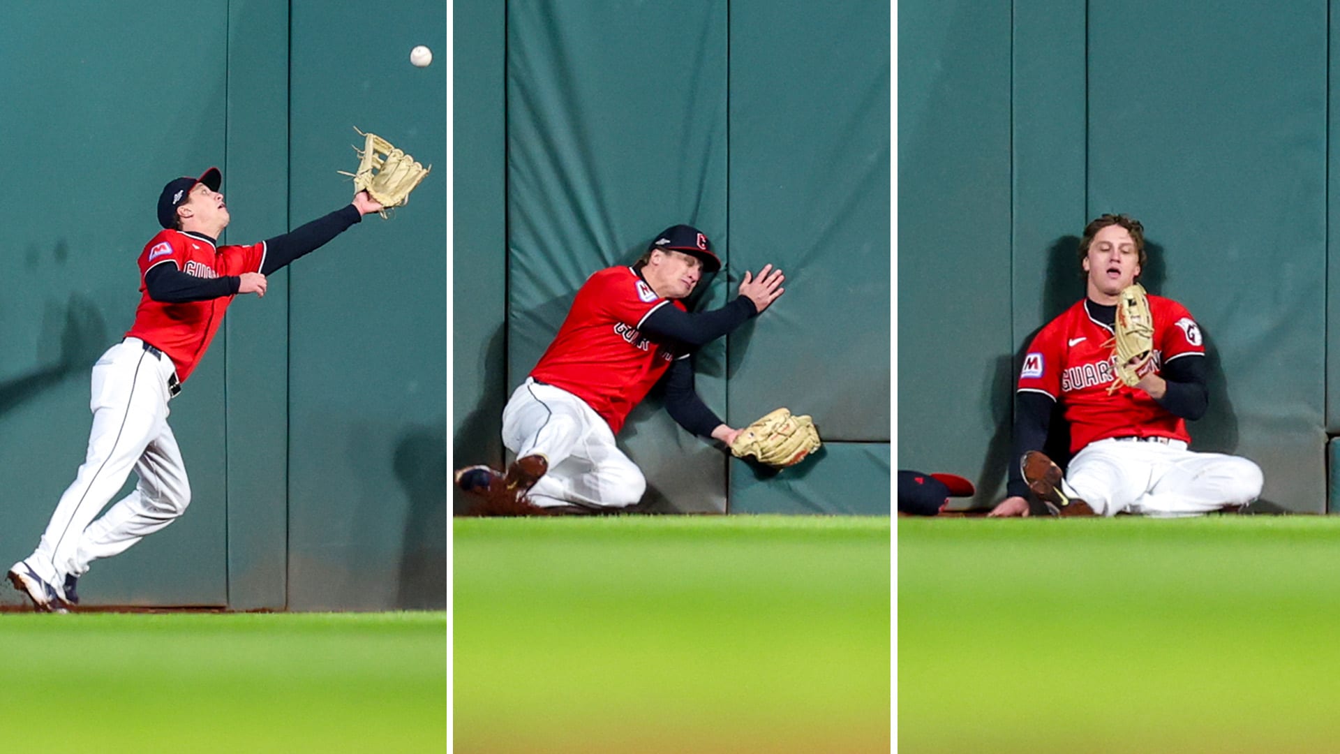 Three images of Petey Halpin making a lunging catch against the outfield wall