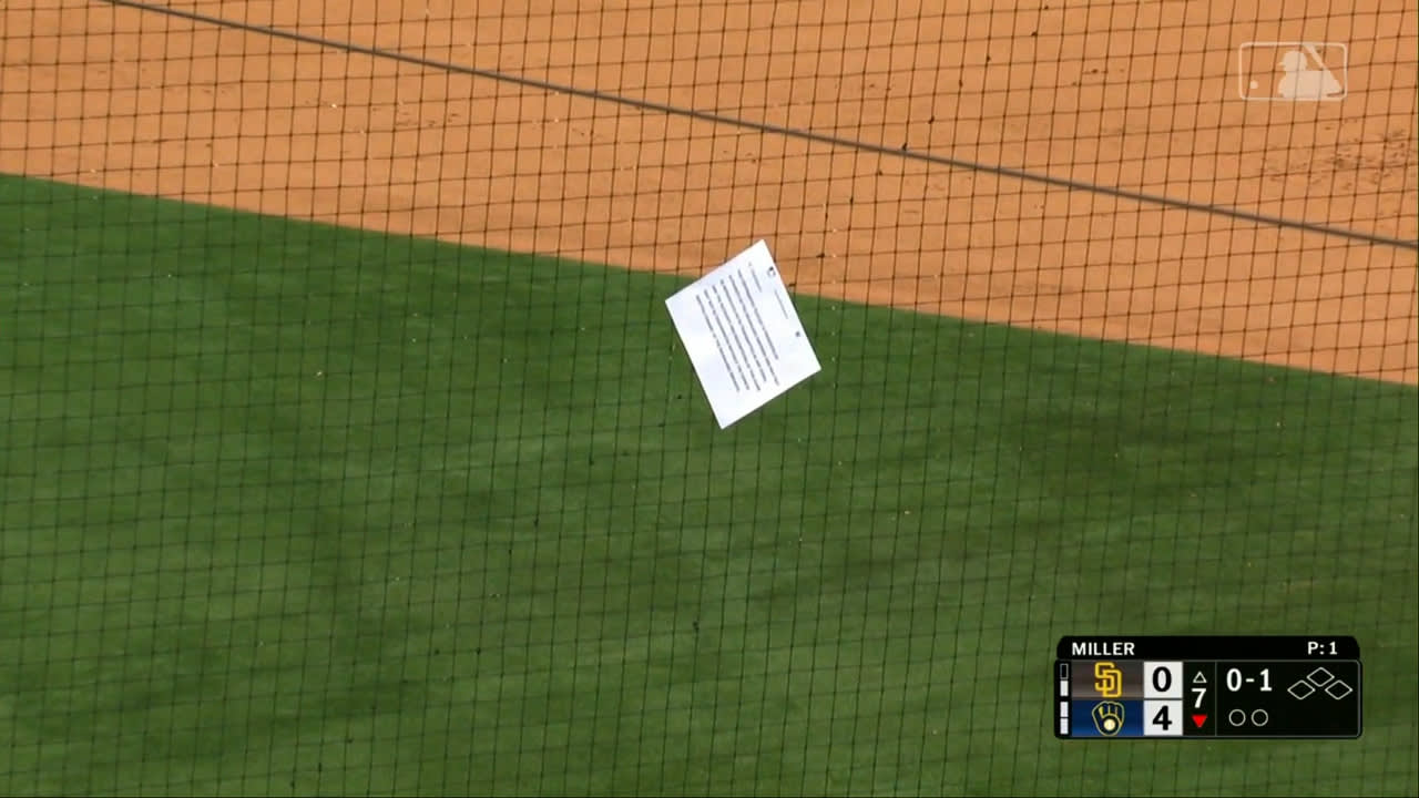 Brewers broadcast readout stuck on netting behind home plate