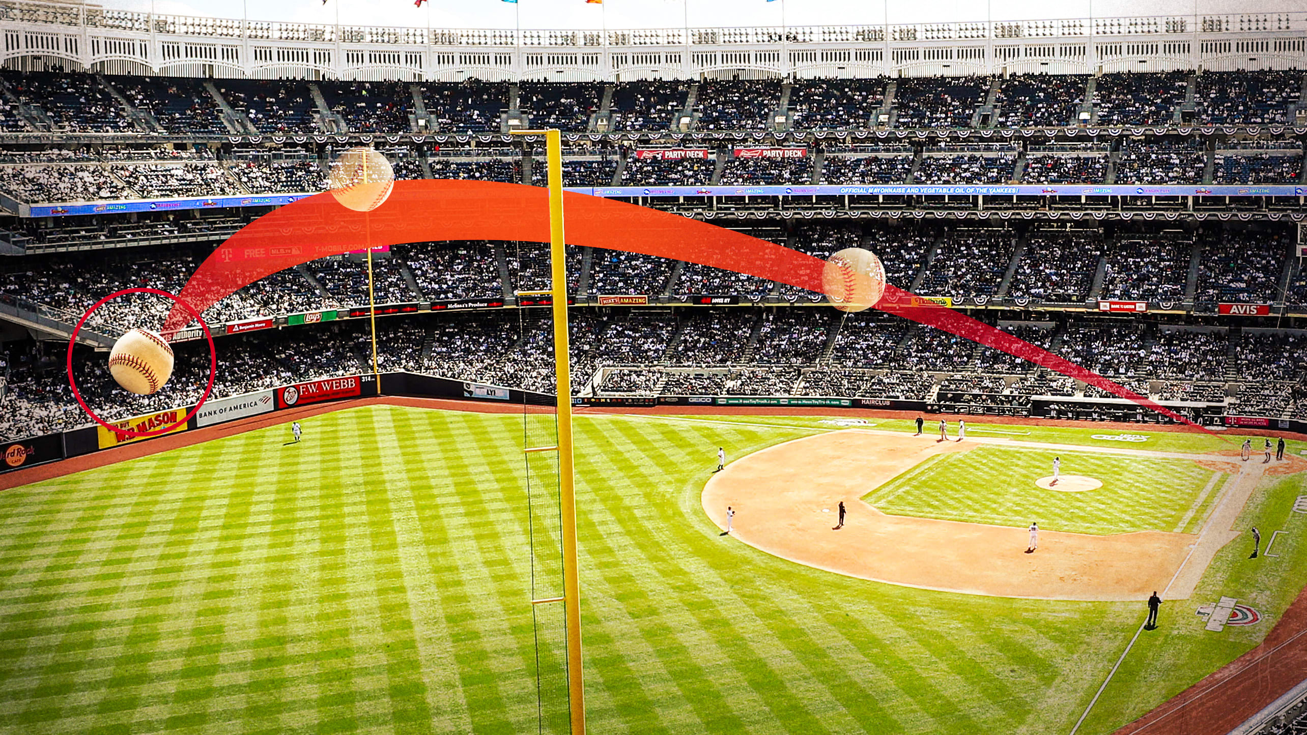 A designed image of Yankee Stadium showing the flight of a baseball