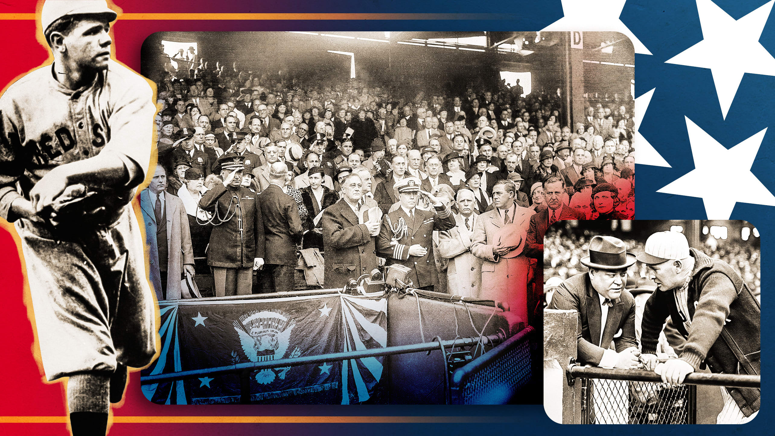 Images of Babe Ruth with the Red Sox, Franklin D. Roosevelt standing for the national anthem and Red Sox owner Harry Frazee talking with a manager
