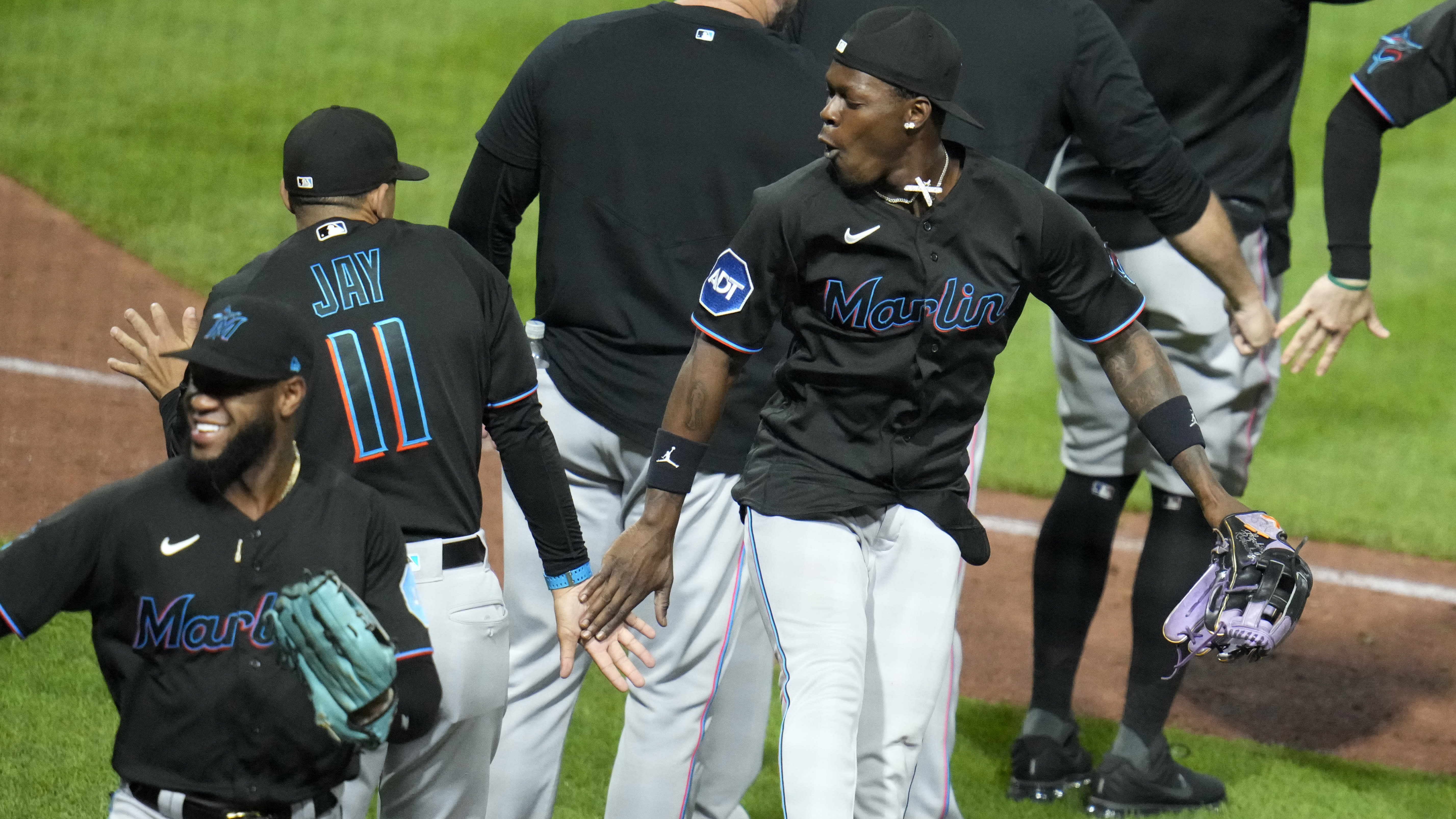 Jazz Chisholm Jr. and the Marlins celebrate Friday's win