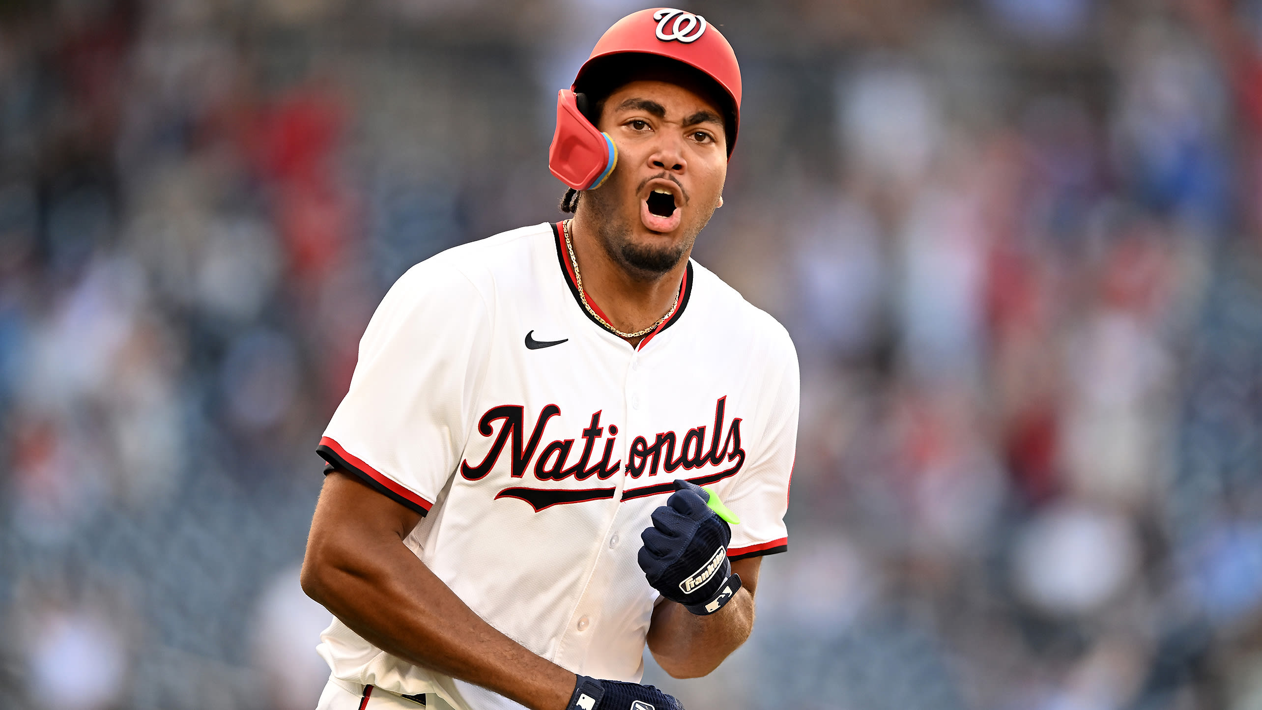 James Wood reacts after hitting a walk-off home run