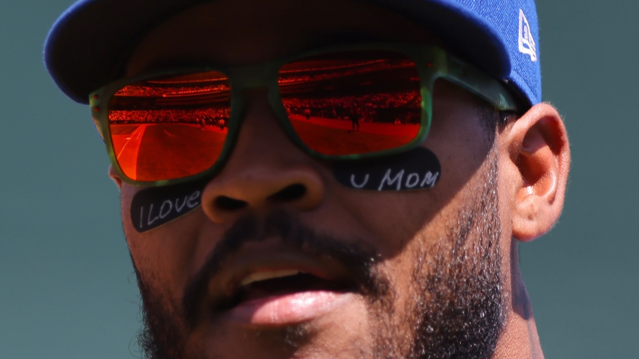 'I LOVE U MOM' is written on Maikel Garcia's eye black