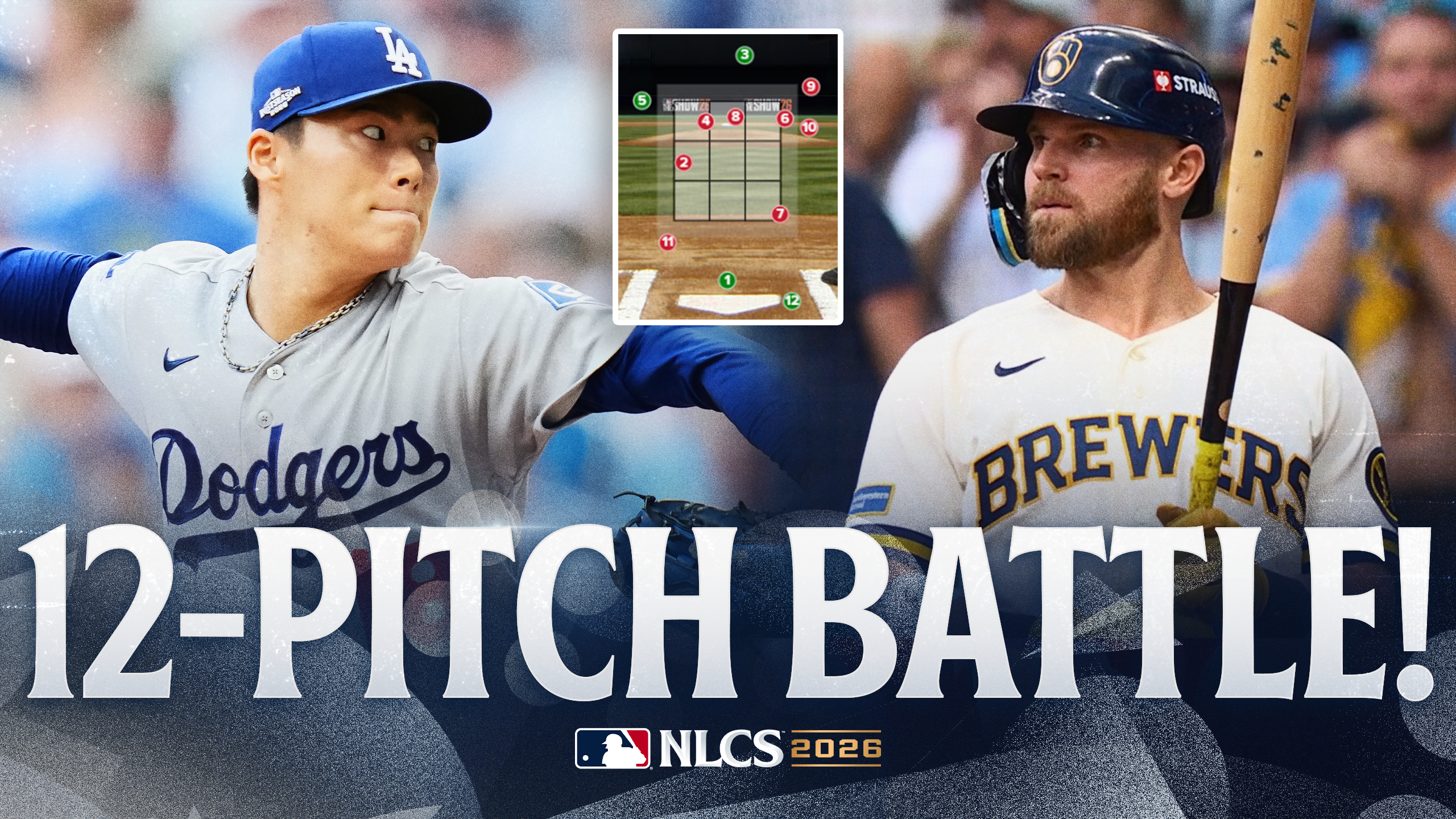 Yoshinobu Yamamoto and Jake Bauers with an inset showing the location of each pitch in their 12-pitch battle