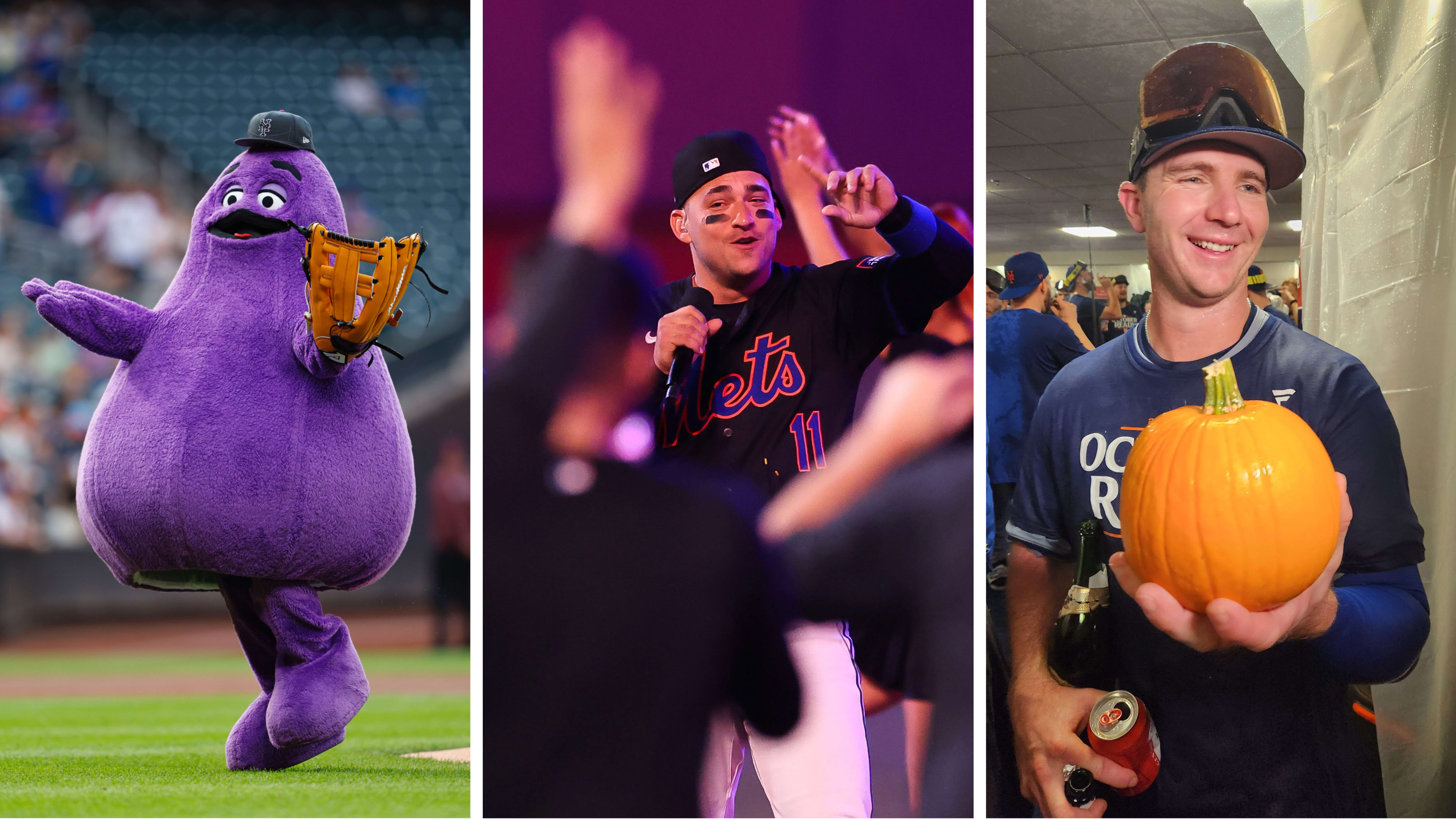 Photos of Grimace, Jose Iglesias singing and Pete Alonso holding a pumpkin