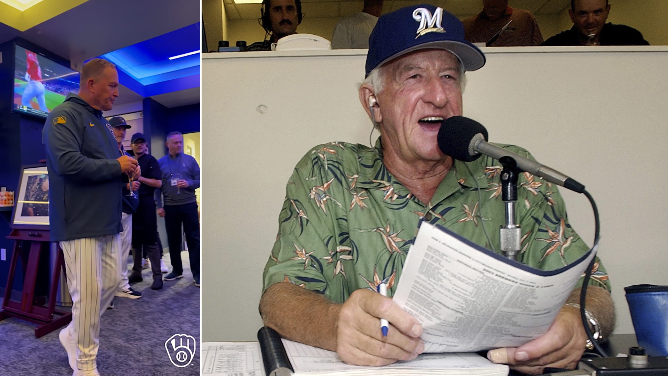 A screenshot of Pat Murphy in the Brewers clubhouse and an image of late broadcaster Bob Uecker