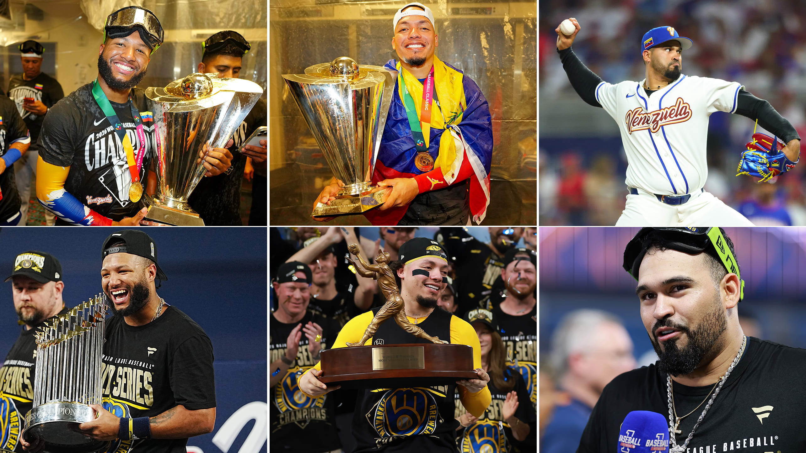 Images of Jackson Chourio, William Contreras and Antonio Senzatela celebrating World Baseball Classic and World Series titles