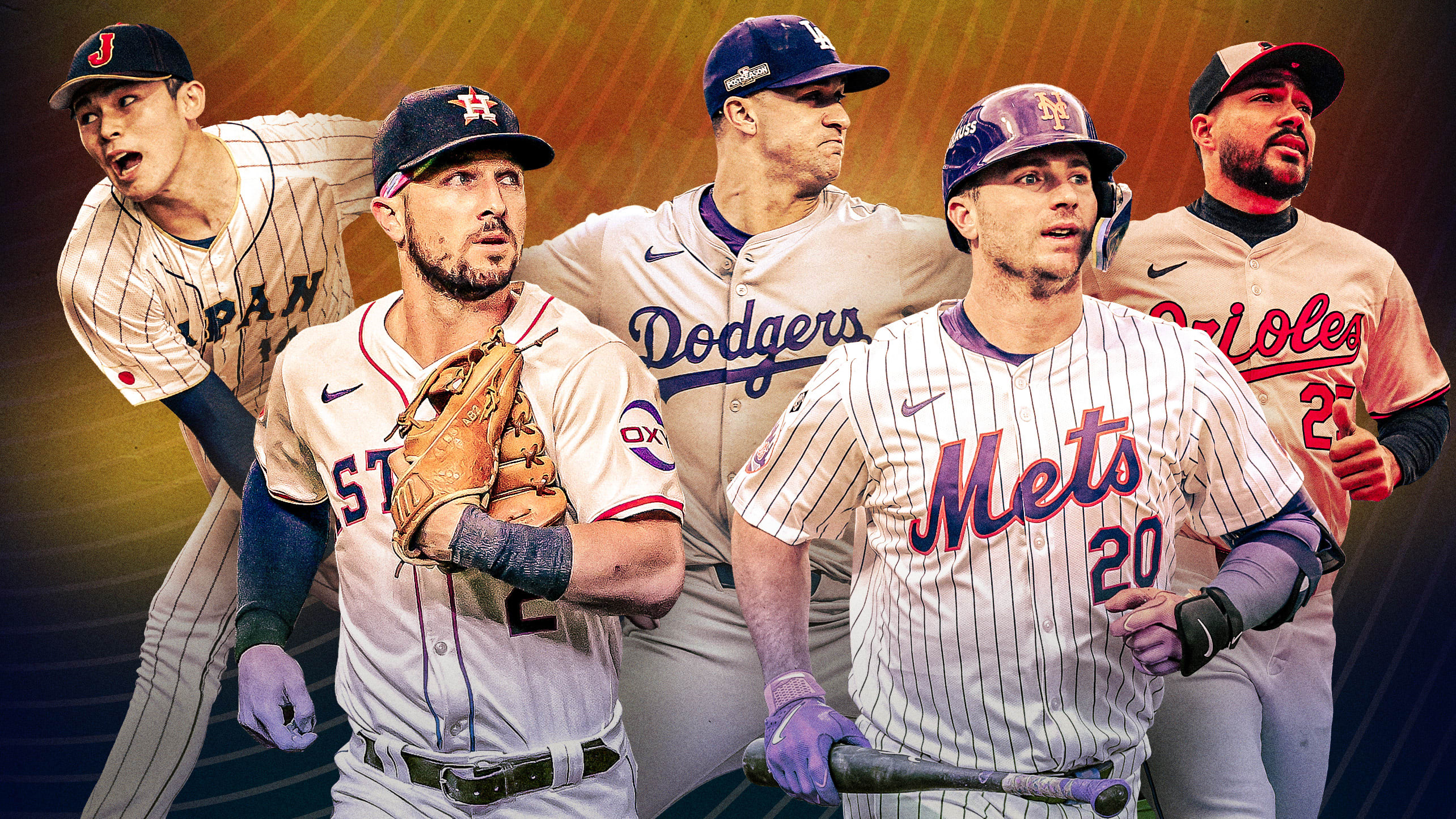 Roki Sasaki, Alex Bregman, Jack Flaherty, Pete Alonso and Anthony Santander