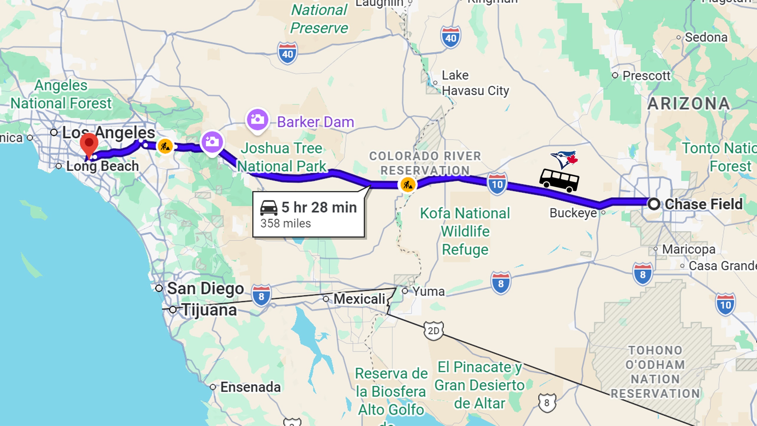 A graphic depicting the Blue Jays' bus ride to California 