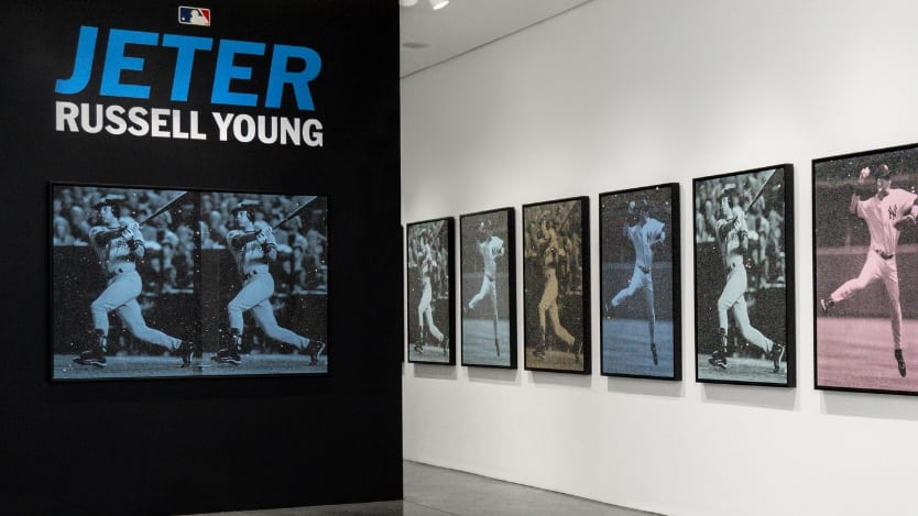 A collection of art featuring Derek Jeter hangs in a Miami gallery