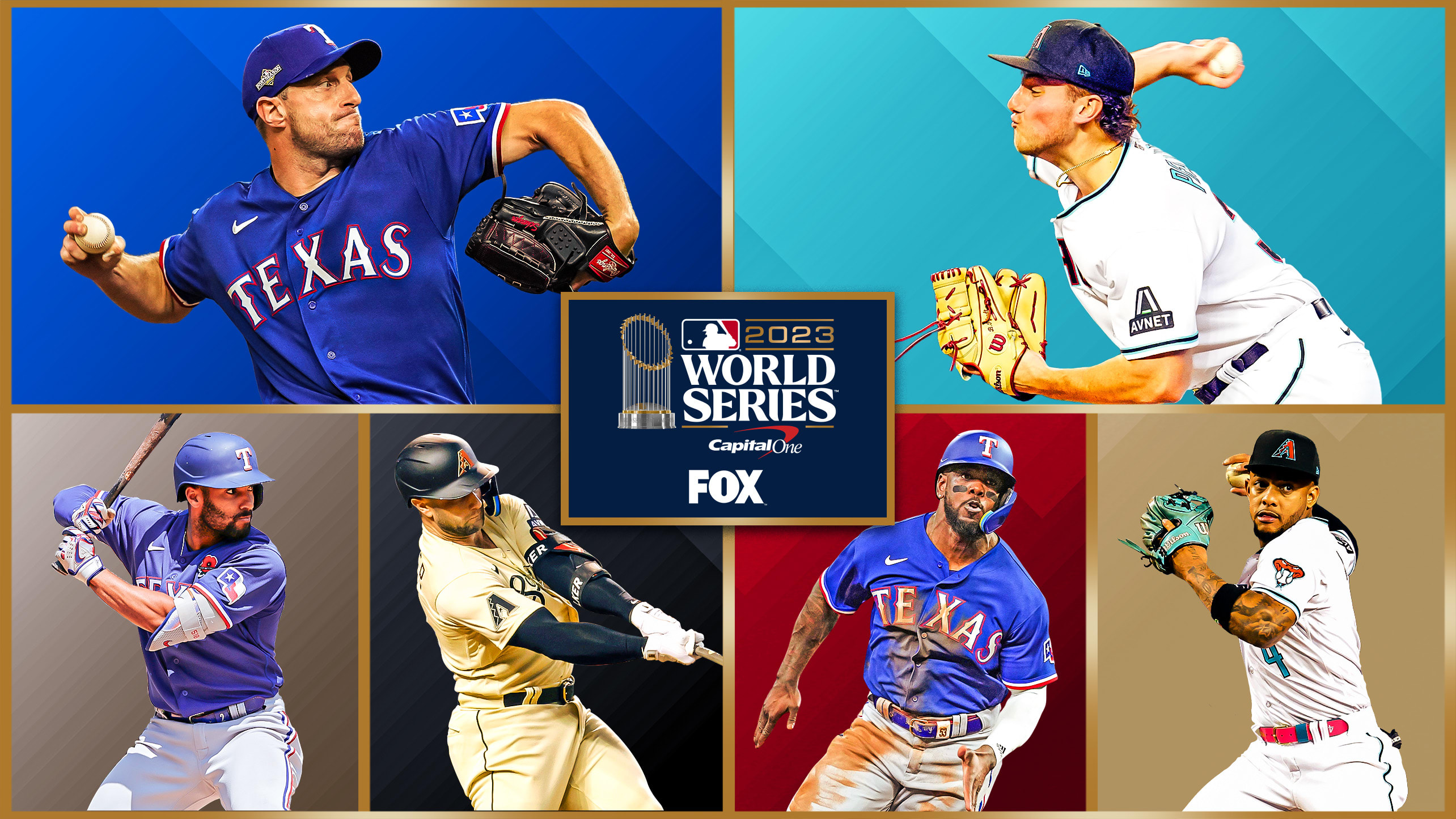 Max Scherzer, Brandon Pfaadt, Marcus Semien, Christian Walker, Adolis García and Ketel Marte are pictured with the World Series logo