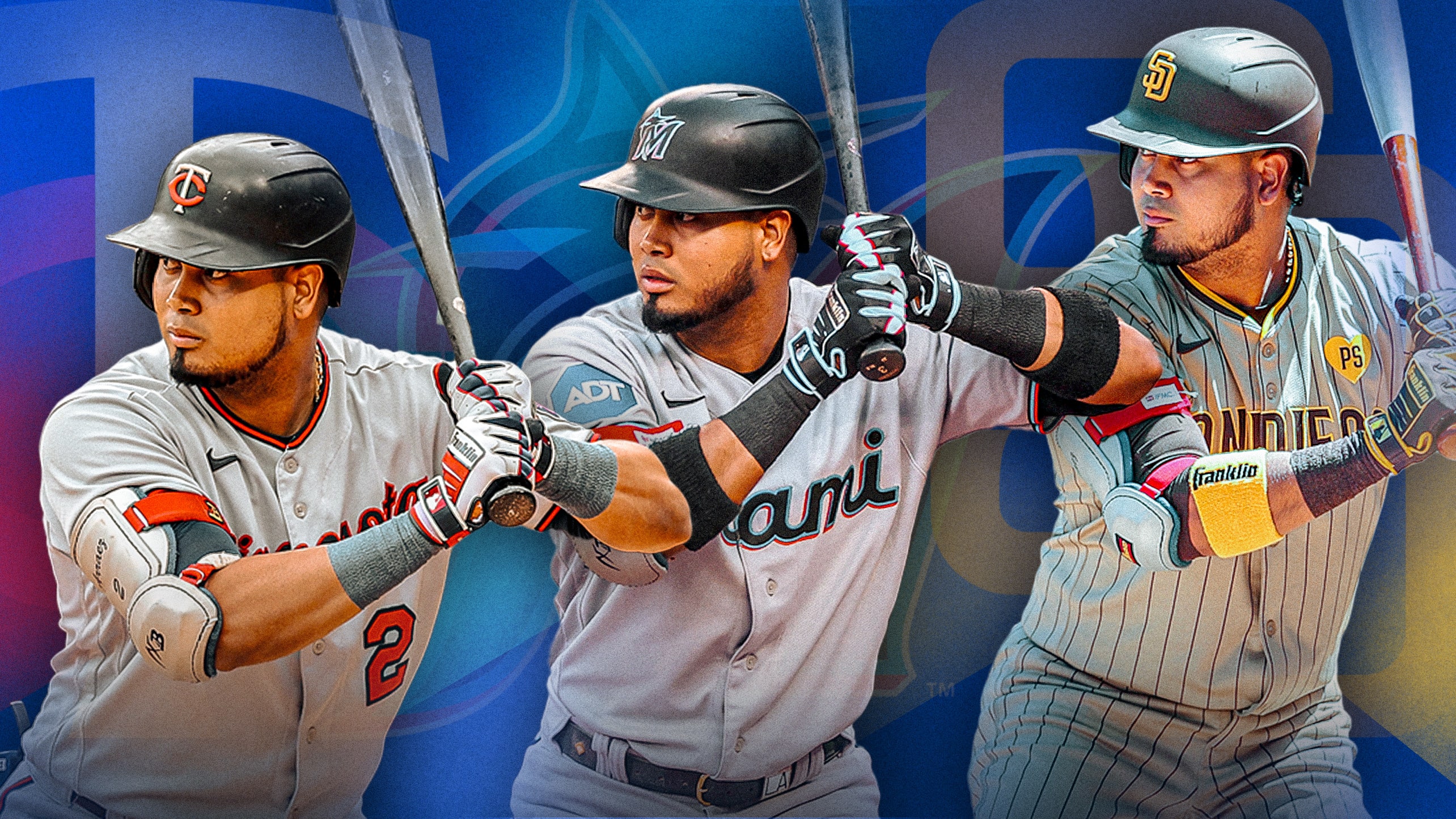 Images of Luis Arraez with the Twins, Marlins and Padres