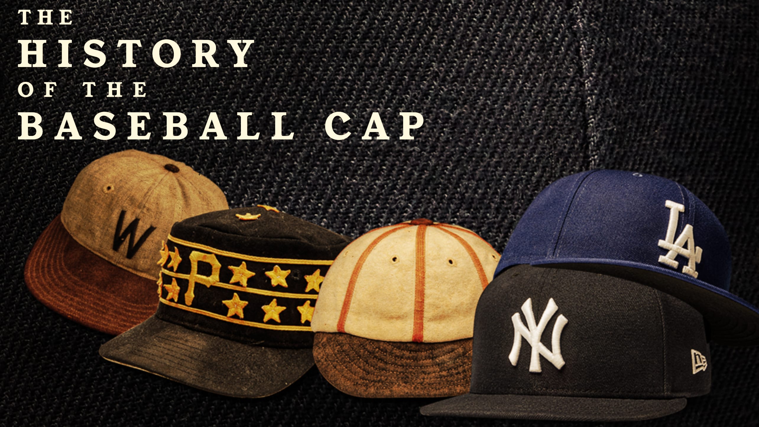 A photo illustration of three older baseball caps and two newer ones