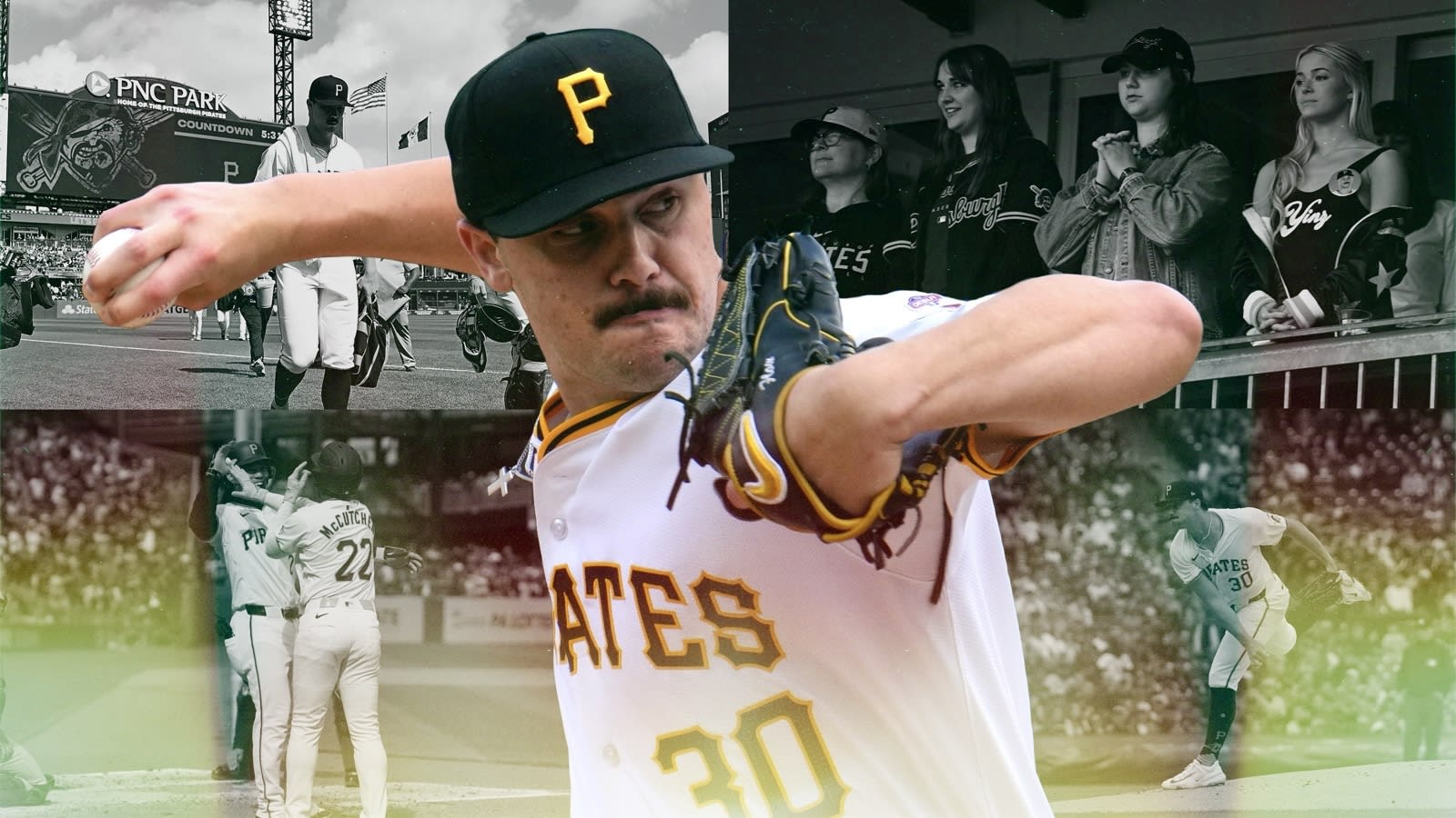 A collage of photos from Paul Skenes' MLB debut