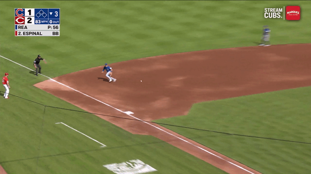An animated gif of Matt Shaw making a throw as he loses his footing