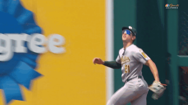 An animated gif of Tyler Soderstrom making a leaping catch