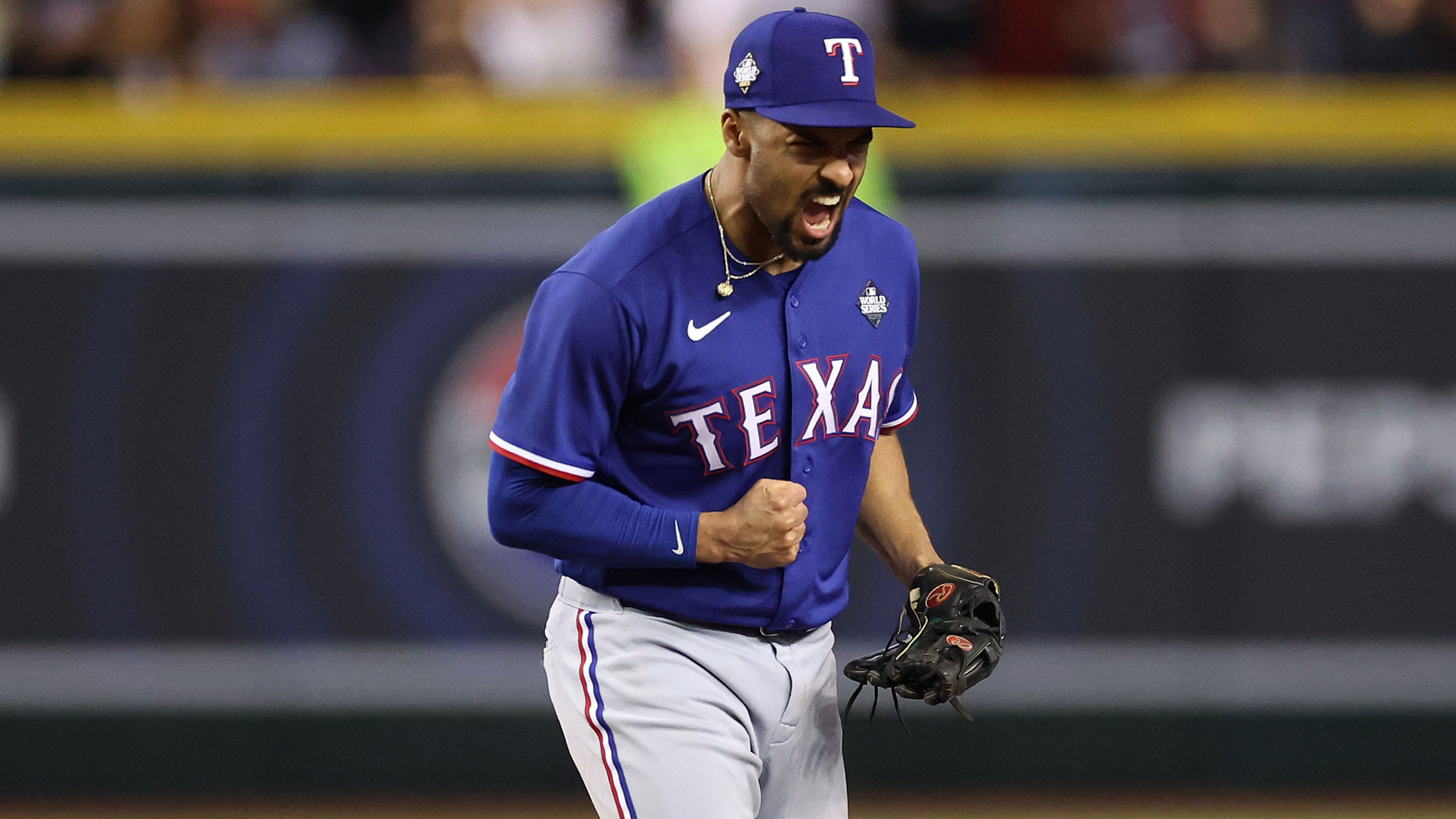 Marcus Semien celebrates after turning a double play