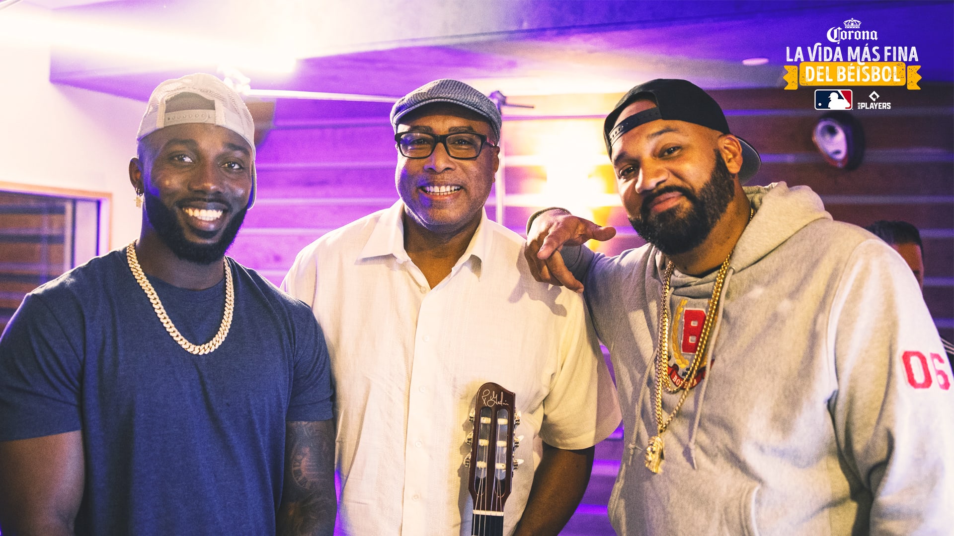 Randy Arozarena, Bernie Williams and The Kid Mero pose for a photo