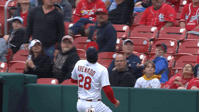 An animated gif of Nolan Arenado making a catch and falling into some netting