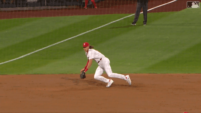 An animated gif of Alec Bohm's diving stop and throw to first