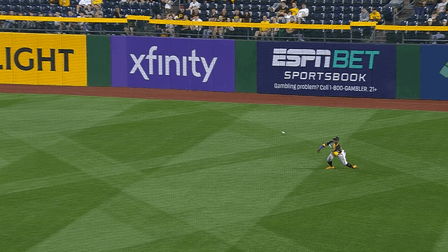 An animated gif of the Pirates' Andrew McCutchen making a diving catch