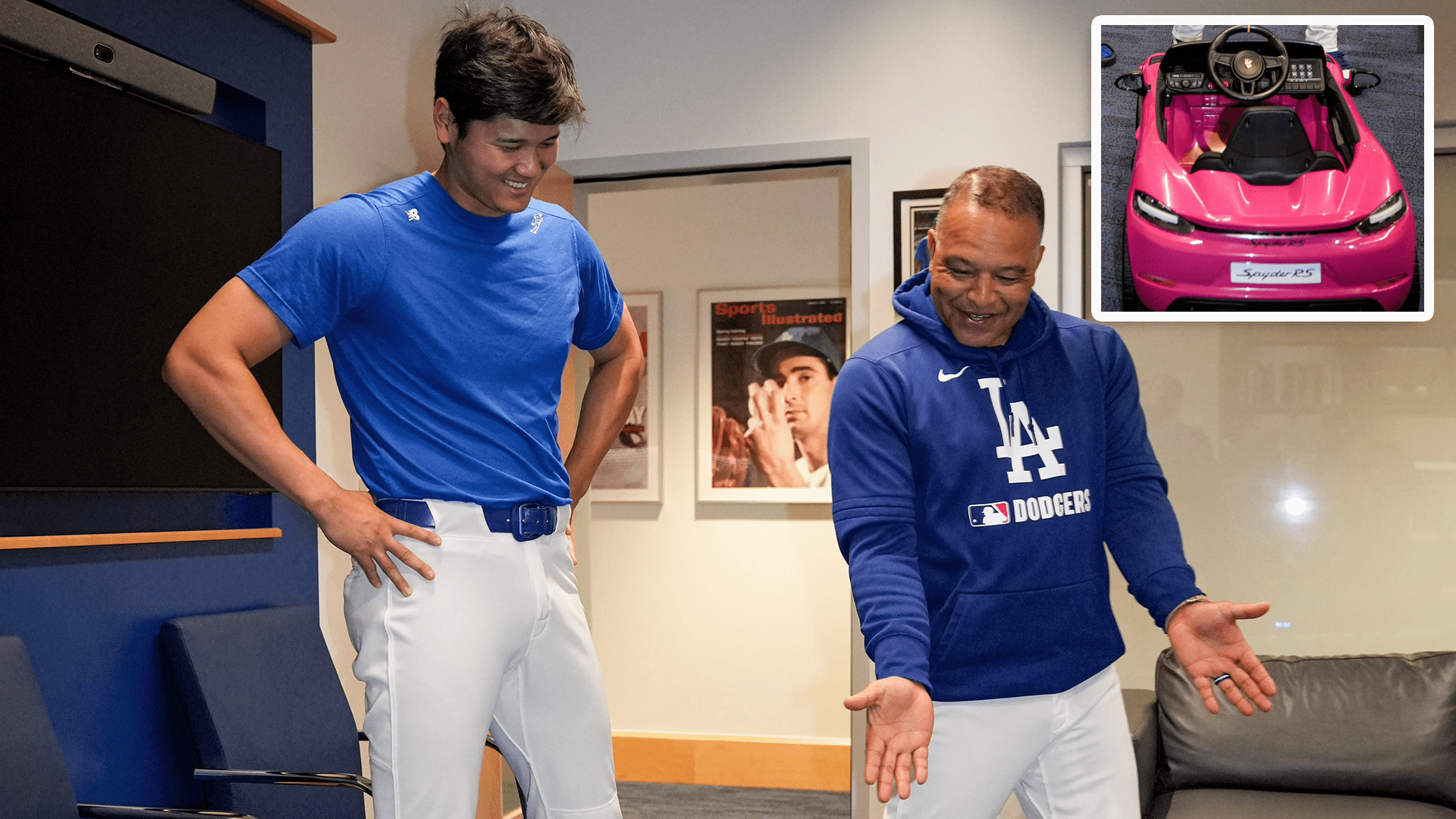 Shohei Ohtani and Dave Roberts smile in Roberts' office, with an inset image of a pink child's car