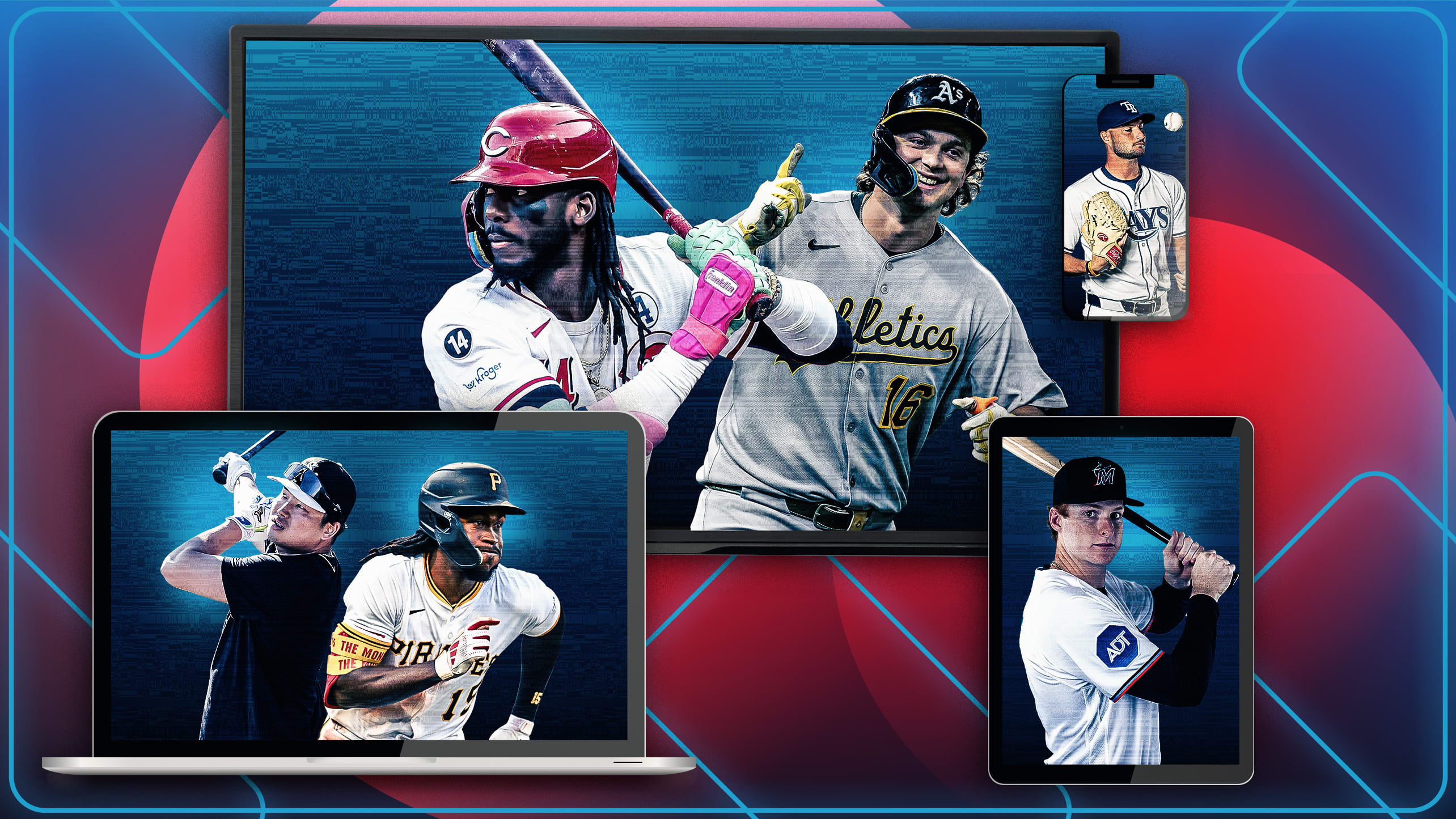 Images of Munetaka Murakami, Oneil Cruz, Elly De La Cruz, Nick Kurtz, Shane McClanahan and Owen Caissie depicted on screens of various devices