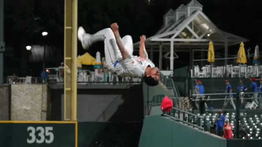 A screenshot of D-backs prospect Alfred Morillo in mid-backflip