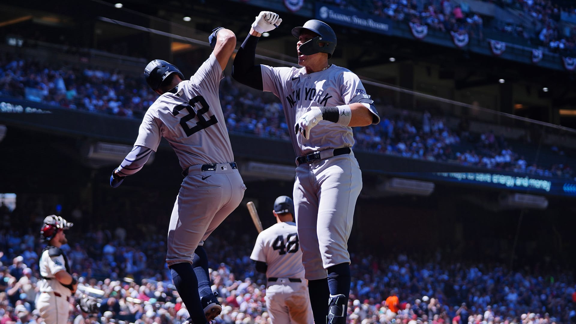 Juan Soto and Aaron Judge celebrate