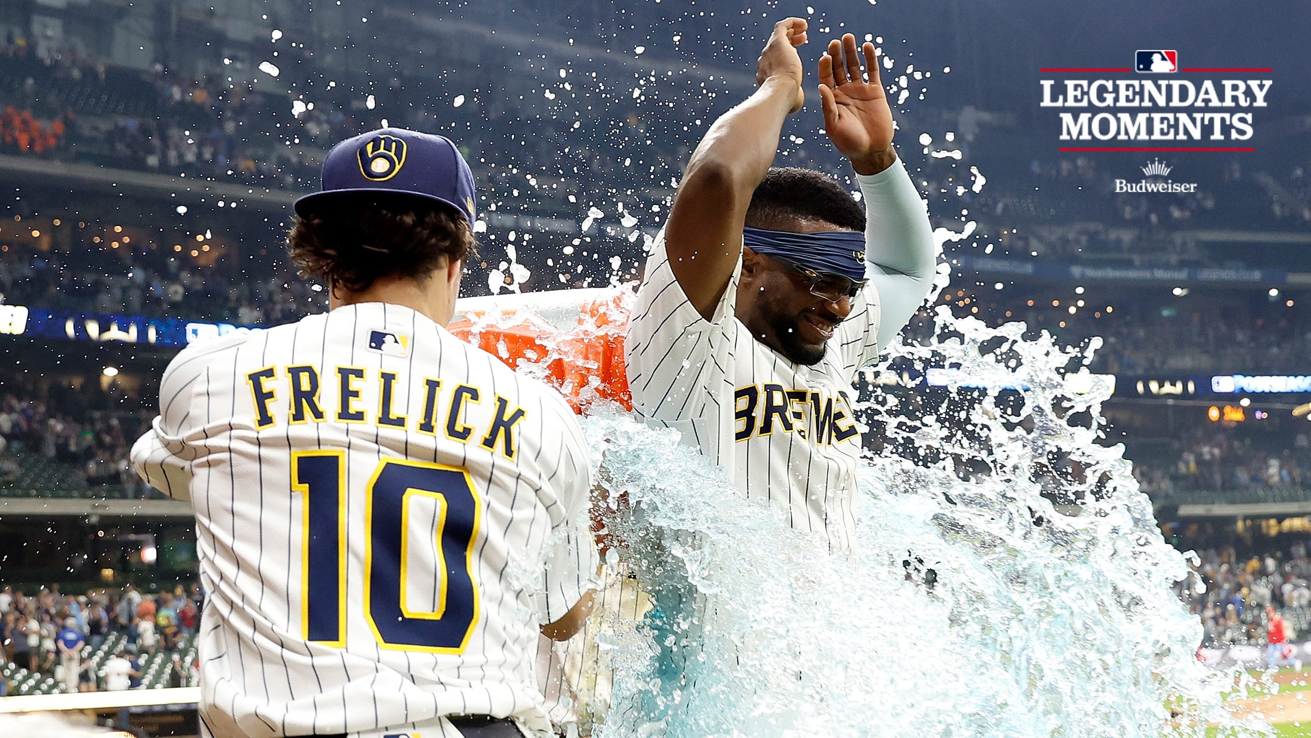 Sal Frelick douses Andruw Monasterio with Gatorade after the latter's walk-off hit