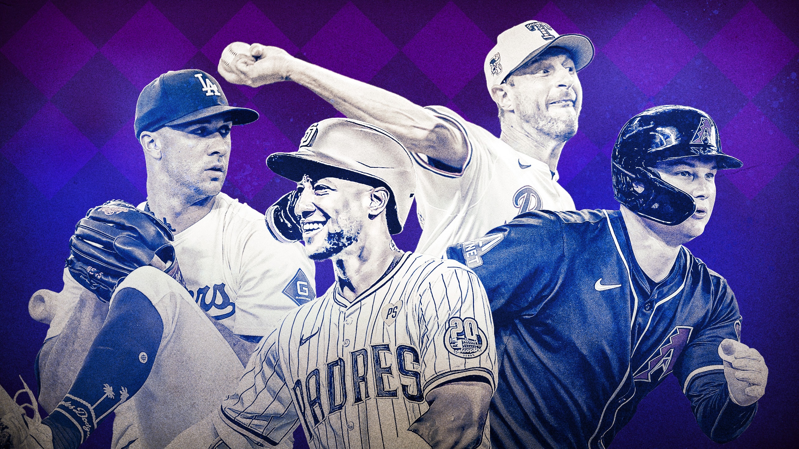 A designed image featuring Jack Flaherty, Jurickson Profar, Max Scherzer and Joc Pederson