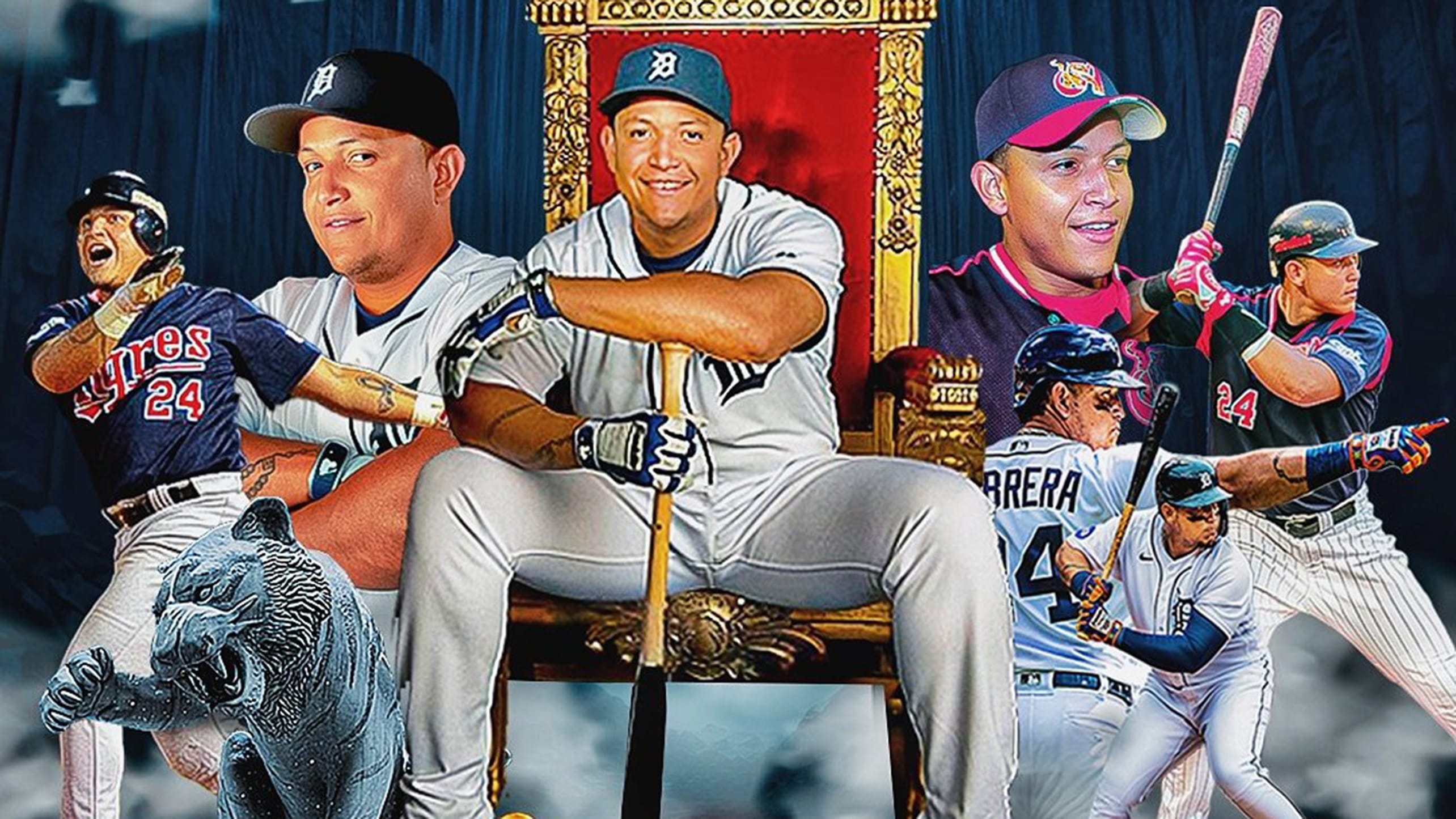 An illustration of Miguel Cabrera with the Detroit Tigers and Venezuela's Tigres de Aragua