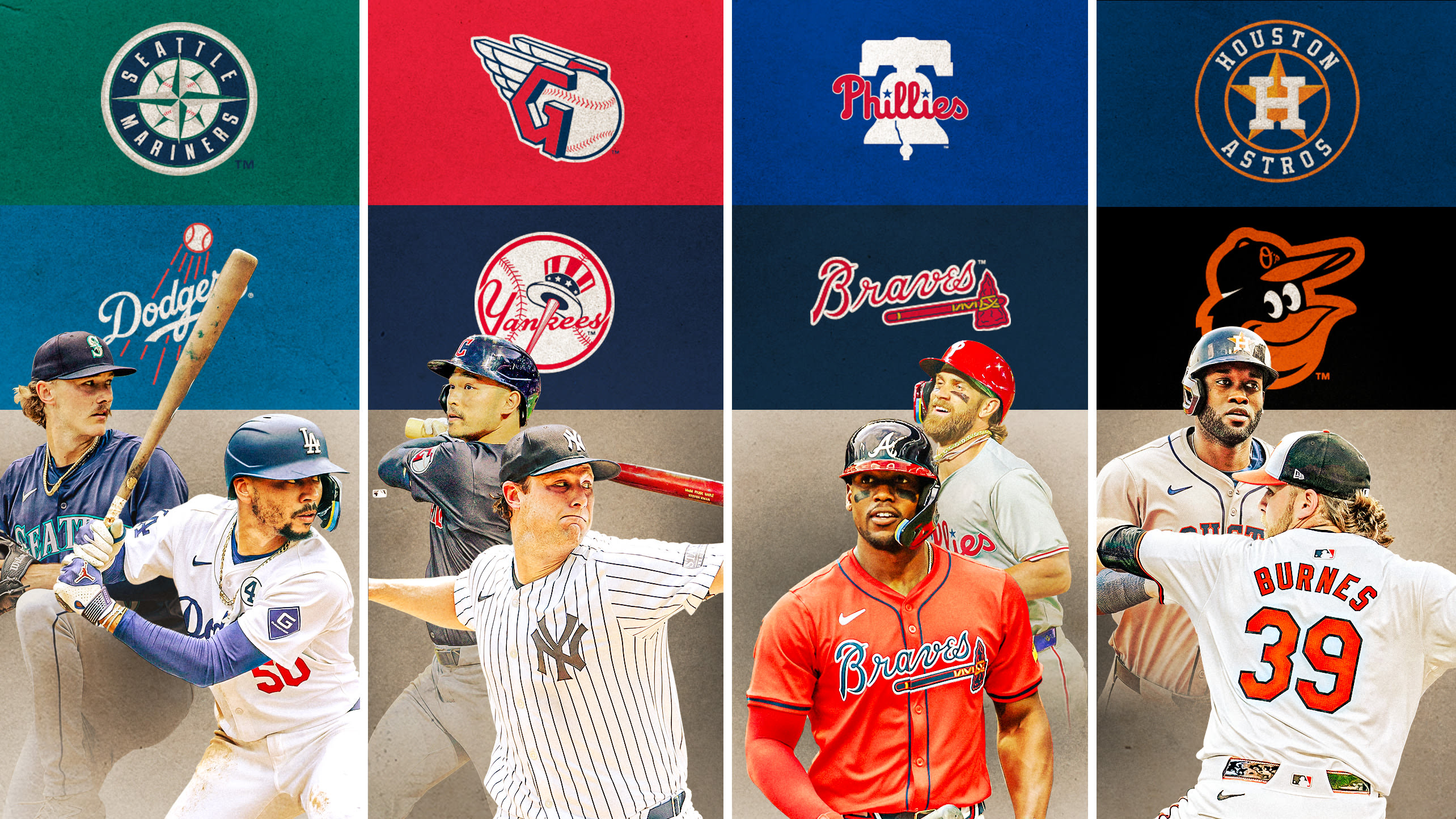 Photos of eight players with their team logos