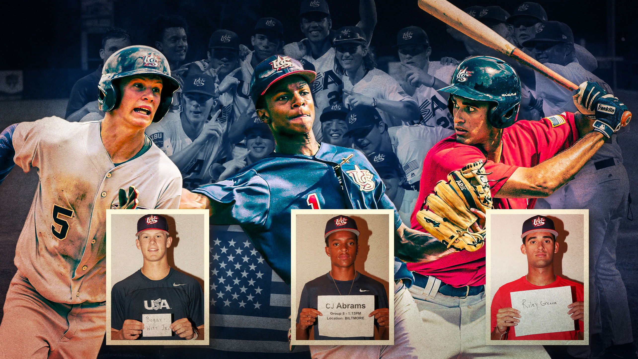 Photos of Bobby Witt Jr., CJ Abrams and Riley Greene on Team USA in 2018