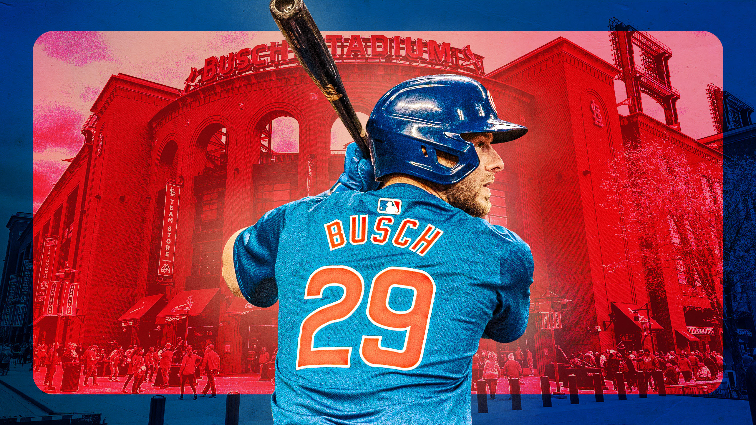 A designed image of Michael Busch with Busch Stadium in the background