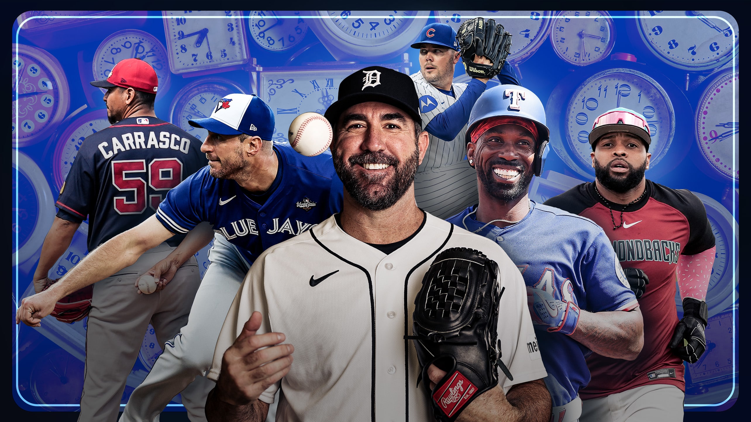 Carlos Carrasco, Max Scherzer, Justin Verlander, Caleb Thielbar, Andrew McCutchen and Carlos Santana