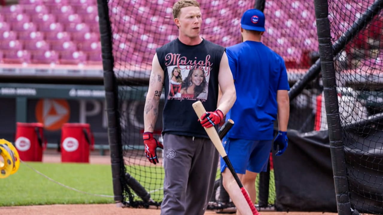 Pete Crow-Armstrong sporting a Mariah Carey shirt during BP