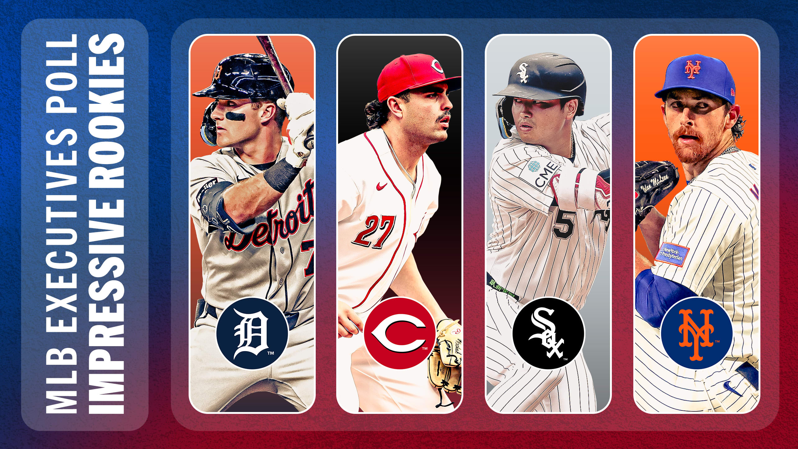 A graphic with the Tigers' Kevin McGonigle, the Reds' Sal Stewart, the White Sox's Munetaka Murakami and the Mets' Nolan McLean