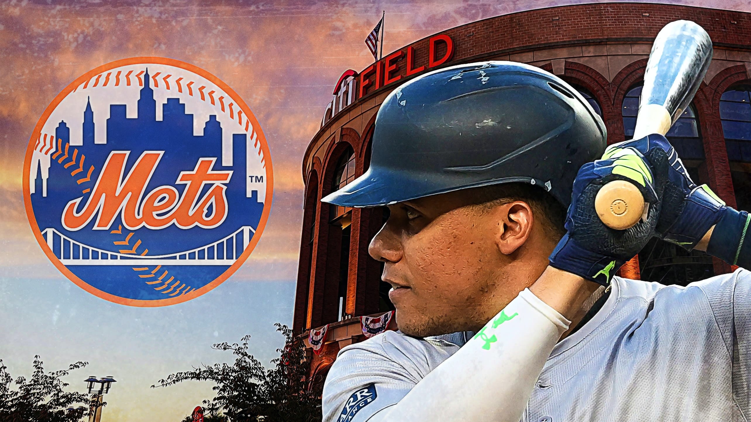 An image of Juan Soto with Citi Field in the background