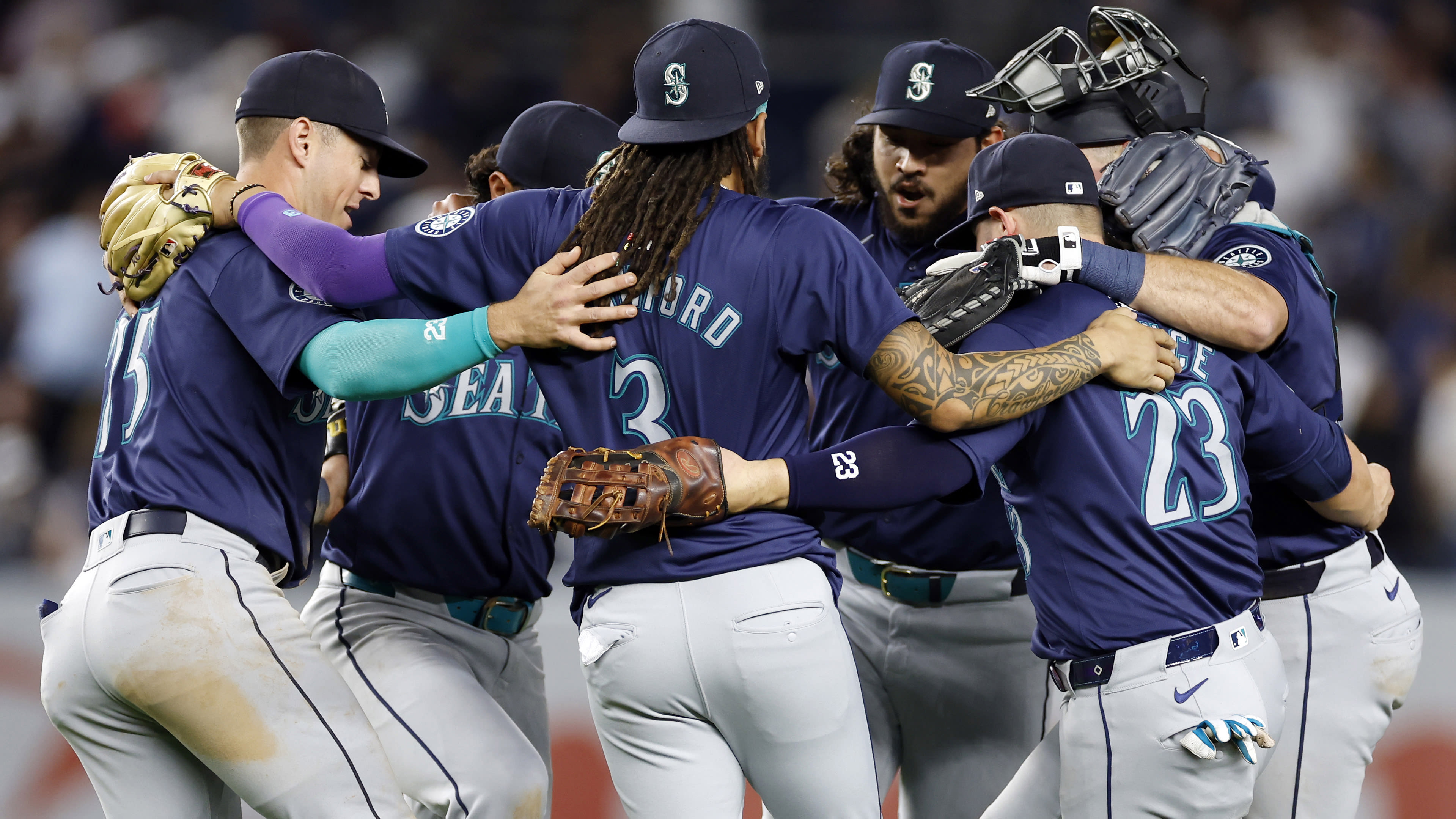 The Mariners celebrate after a walk-off win