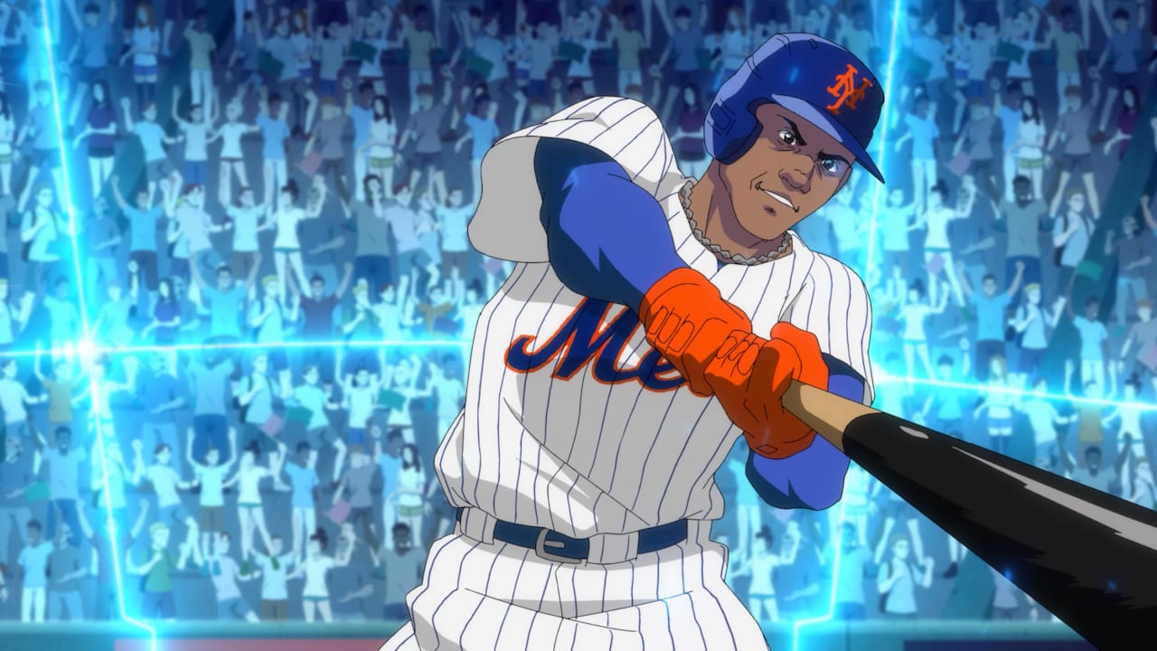 An anime-style Juan Soto swings a bat