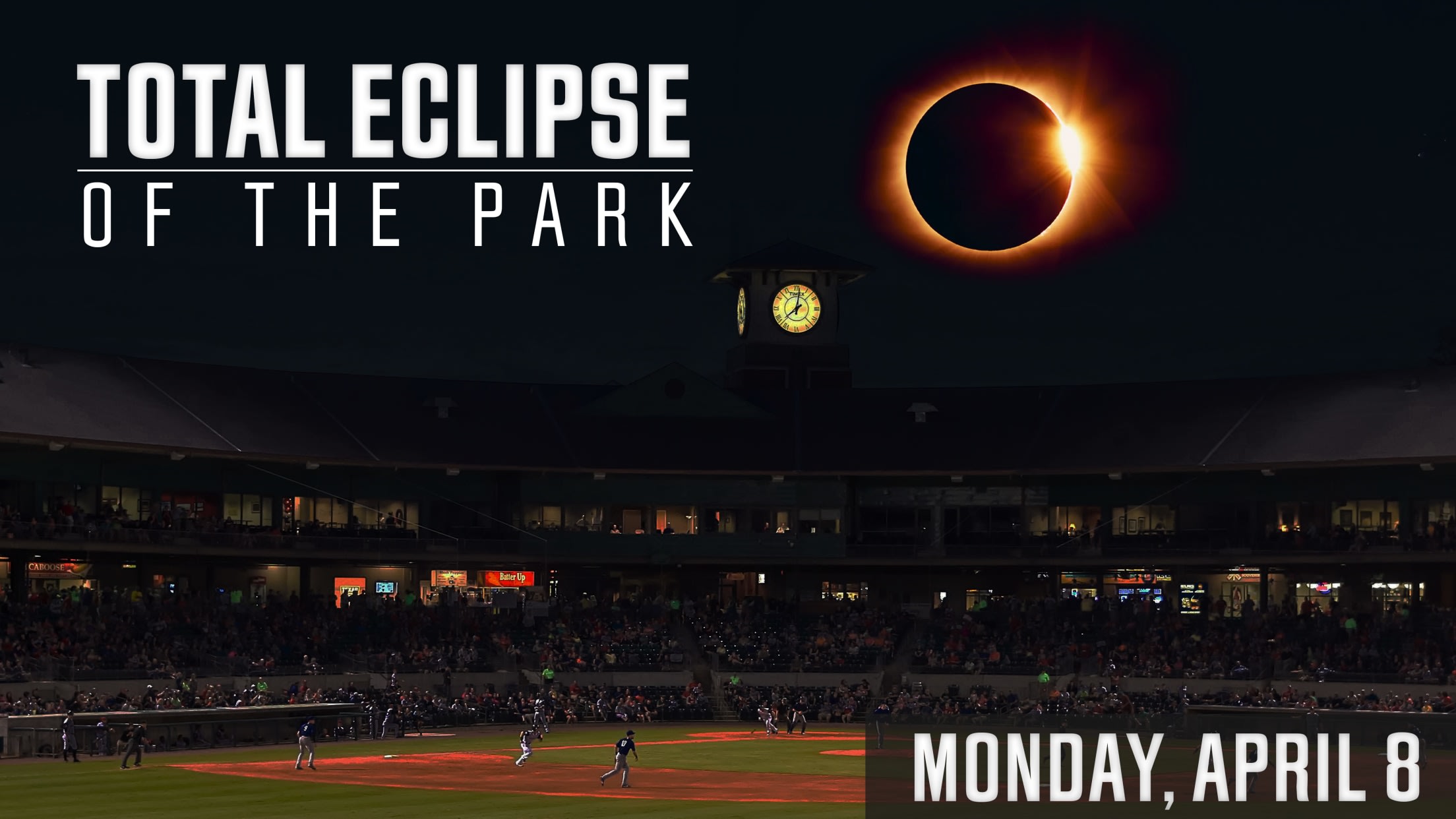 Photo of a Minor League stadium with the words ''Total eclipse of the park''